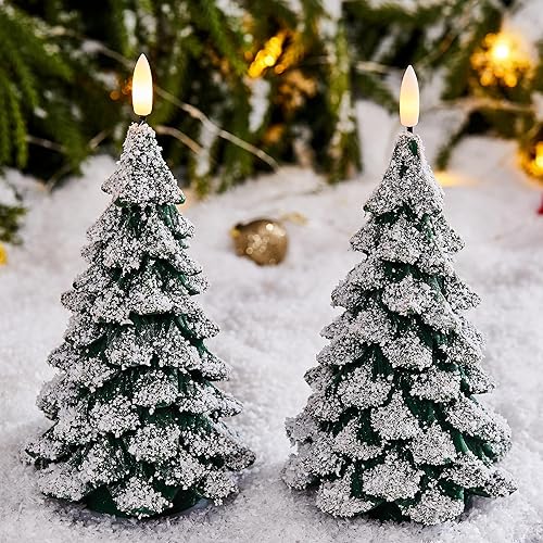 Miniatura 5 de Velas de árbol de Navidad cubiertas de nieve con control remoto, 2 velas LED cerosas sin llama parpadeantes, velas eléctricas verdes que funcionan