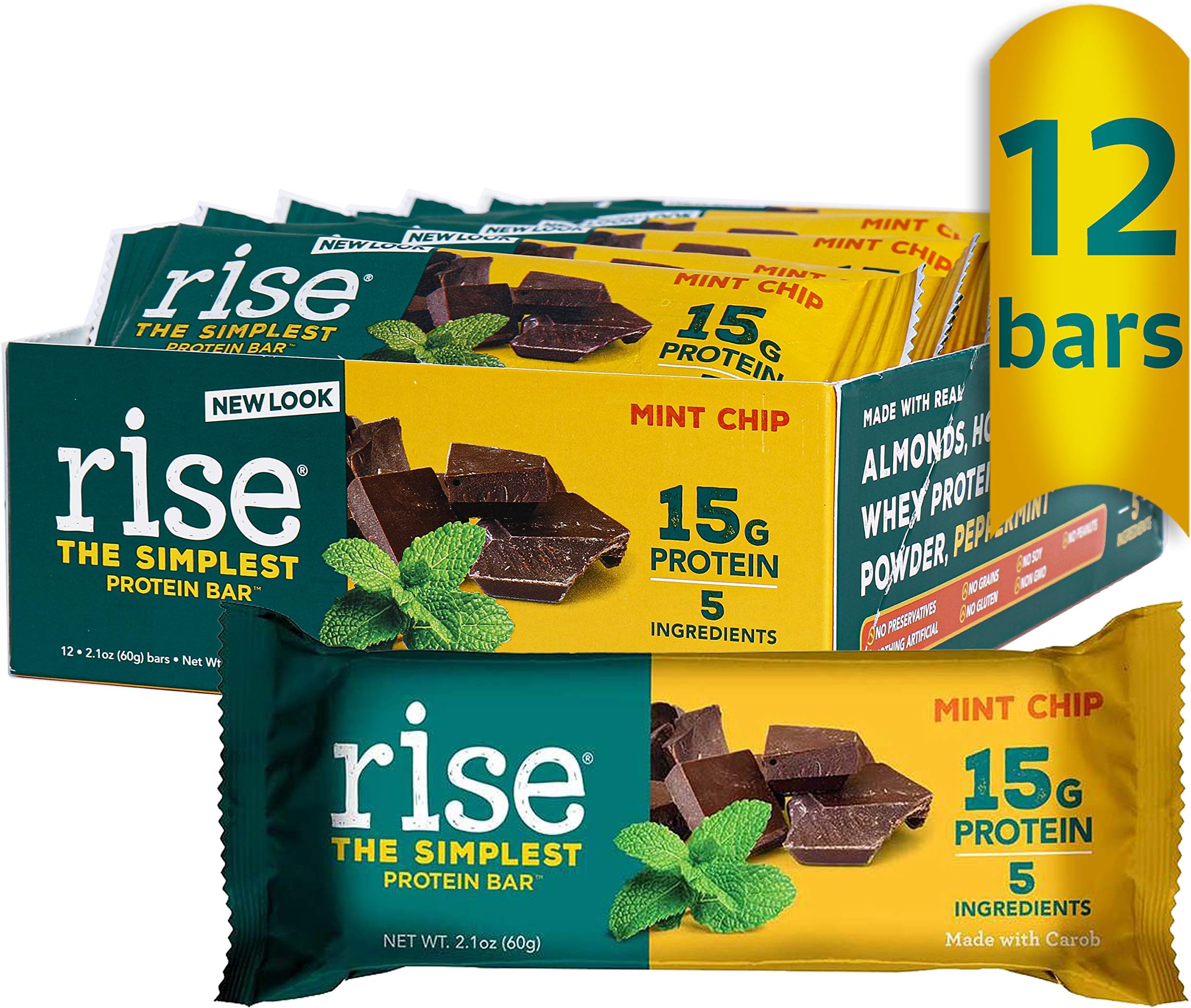 Rise Whey 15g Protein Bar, Mint Chocolate Chip, Healthy Breakfast & Snack Bar, 4g Dietary Fiber, 5 Natural Whole Food Ingredients, Simplest Non-GMO, Gluten Free, Soy Free Bar, 2.1 Ounce (Pack of 12)