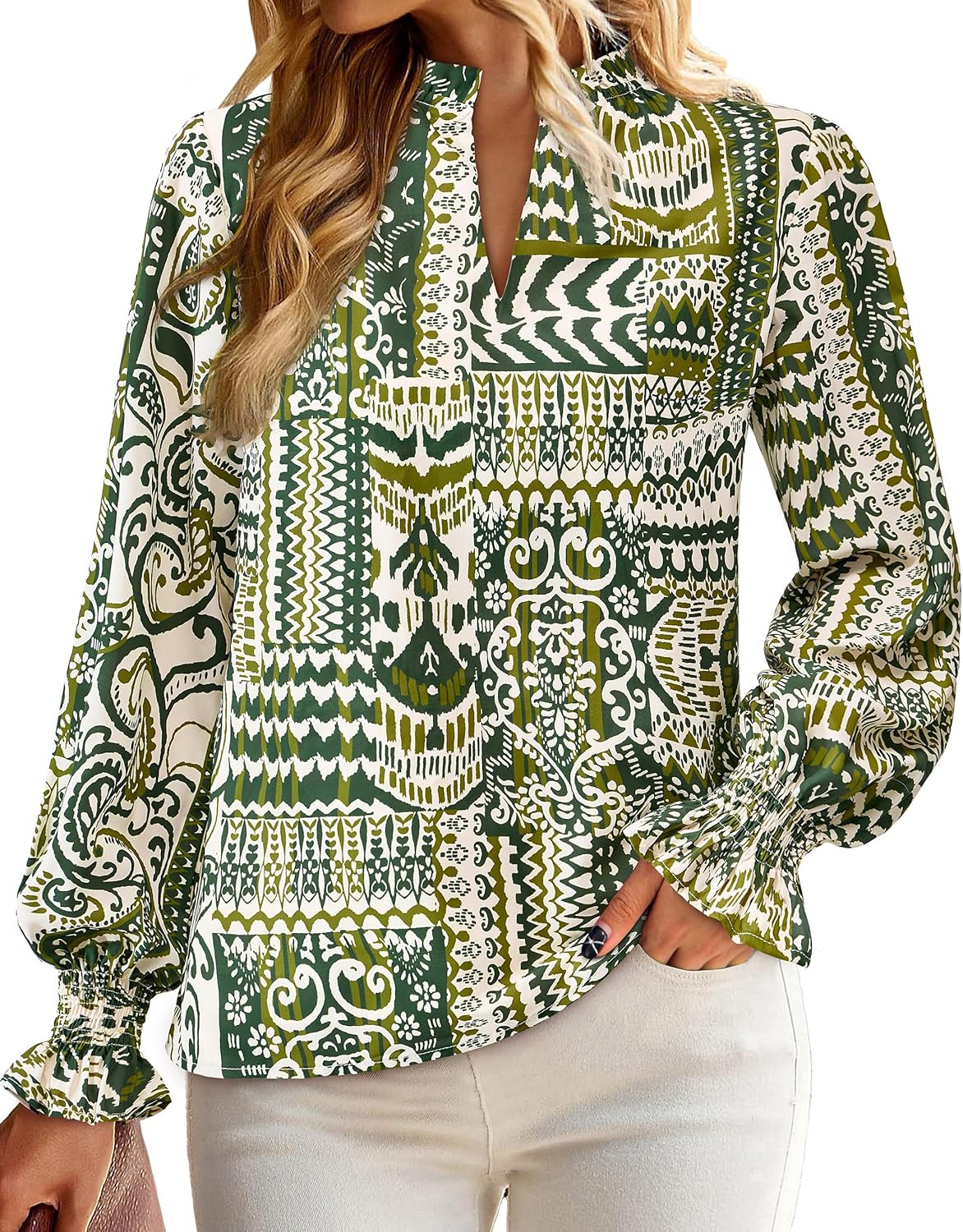 MASCOMODA Womens V Neck Floral Long Sleeve Tops 2026 Summer Casual Loose Puff Sleeve Chiffon Boho Work Blouse Dressy T Shirts - Image 4