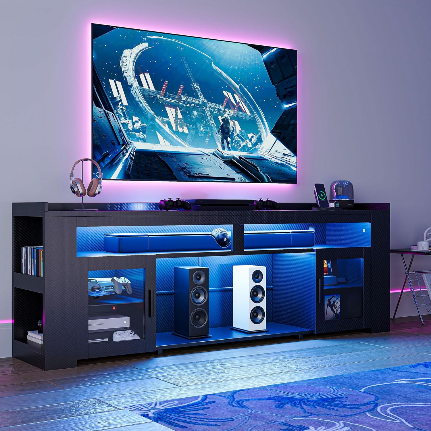 IRONCK TV Stand for TVs Up to 70" with Charging Station, LED Entertainment Center, Modern Carbon Fiber Media Console with Adjustable Glass Shelves & 2 Doors, Organize Your Gaming & Living Room, Black