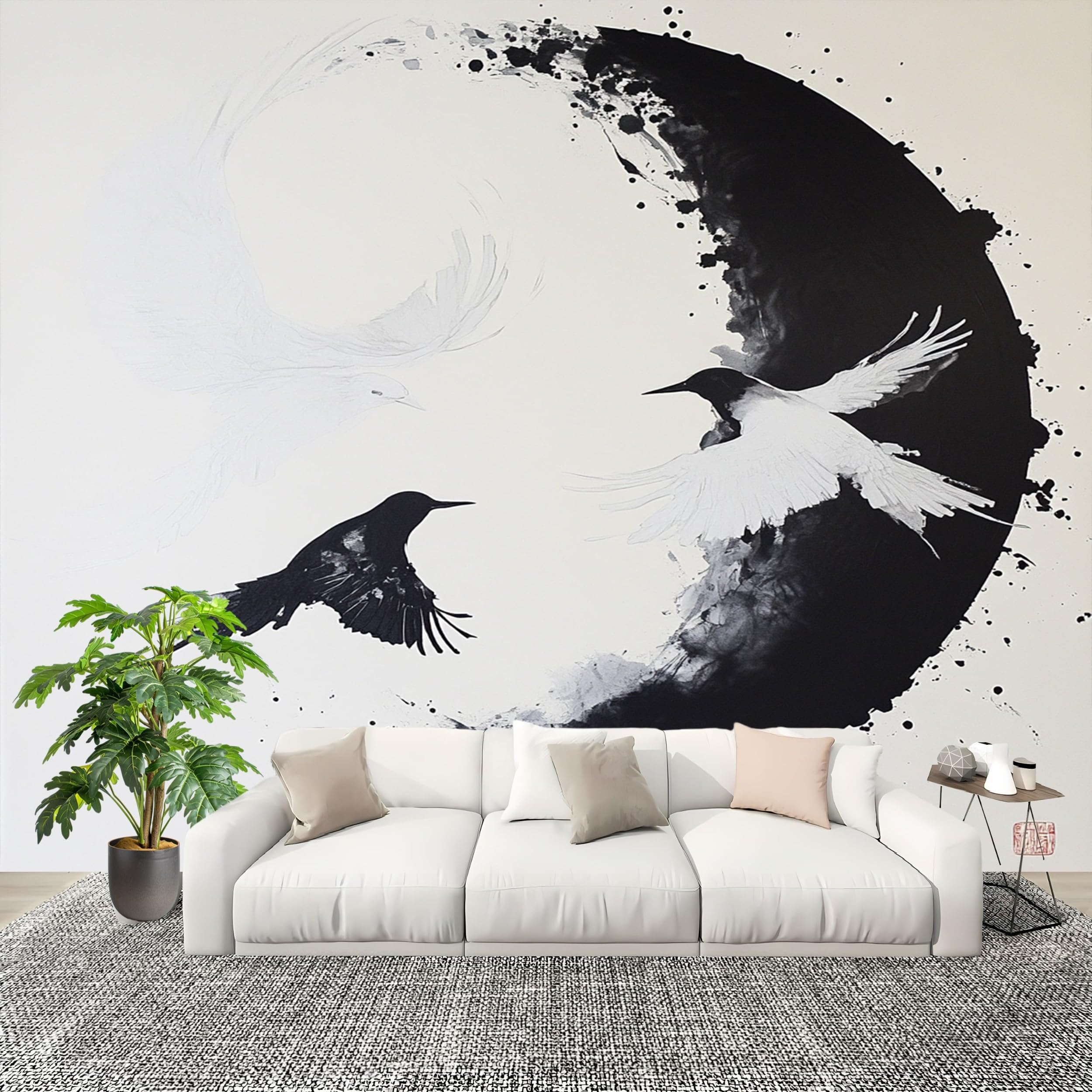Papier peint panoramique 3D oiseau noir et blanc pour salon et chambre moderne