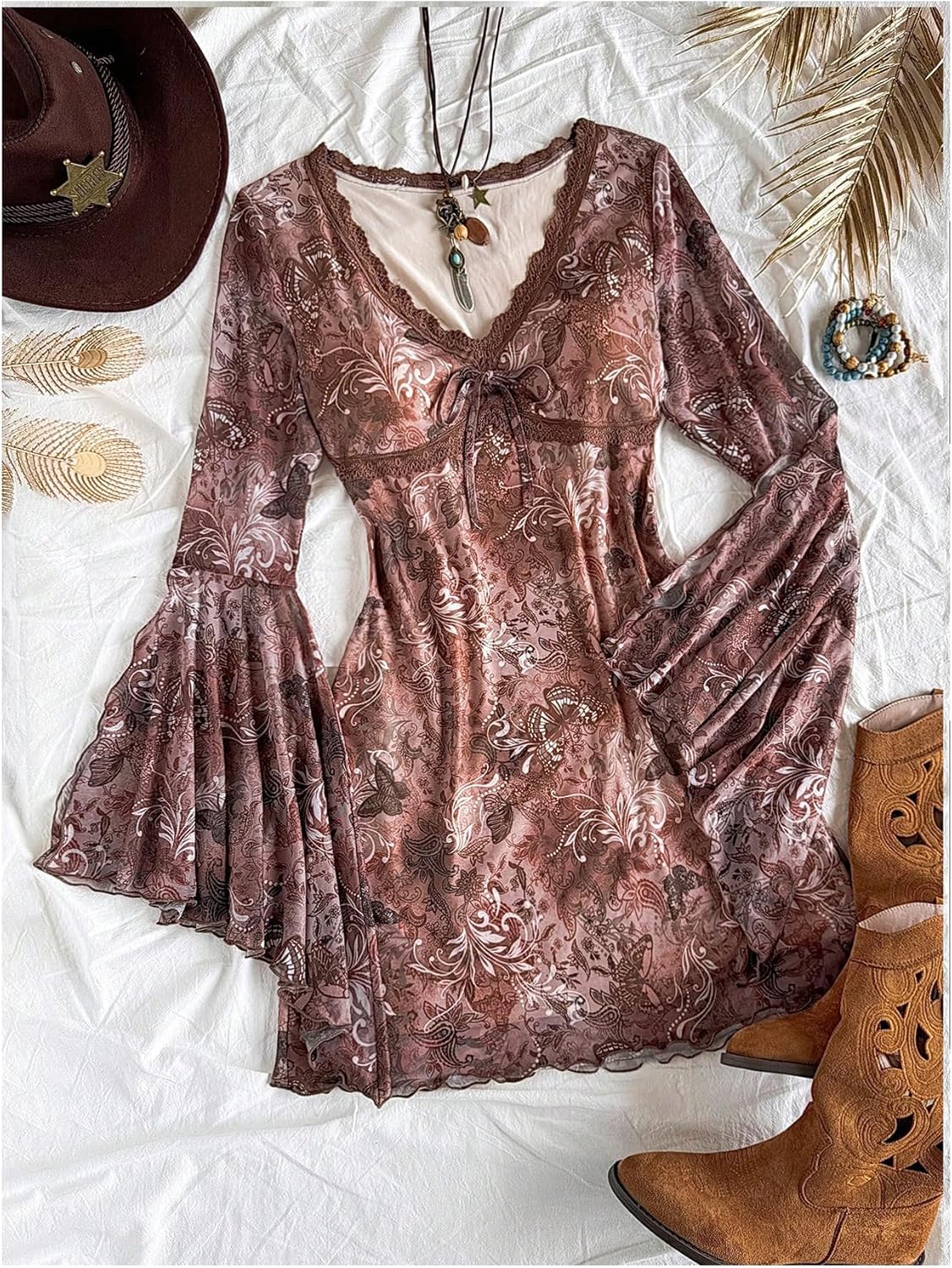 Floerns Women's Boho Western Mini Dress Floral Country Mesh Bell Sleeve Vintage Dresses - Image 4