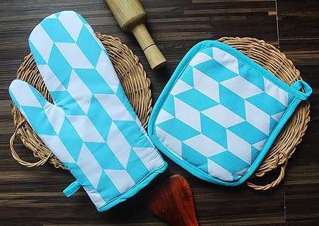 Airwill Cotton Designer Pattern Heat Resistant Kitchen Linens (1 Oven Mitt & 1 Pot Holder) (Blue,White)