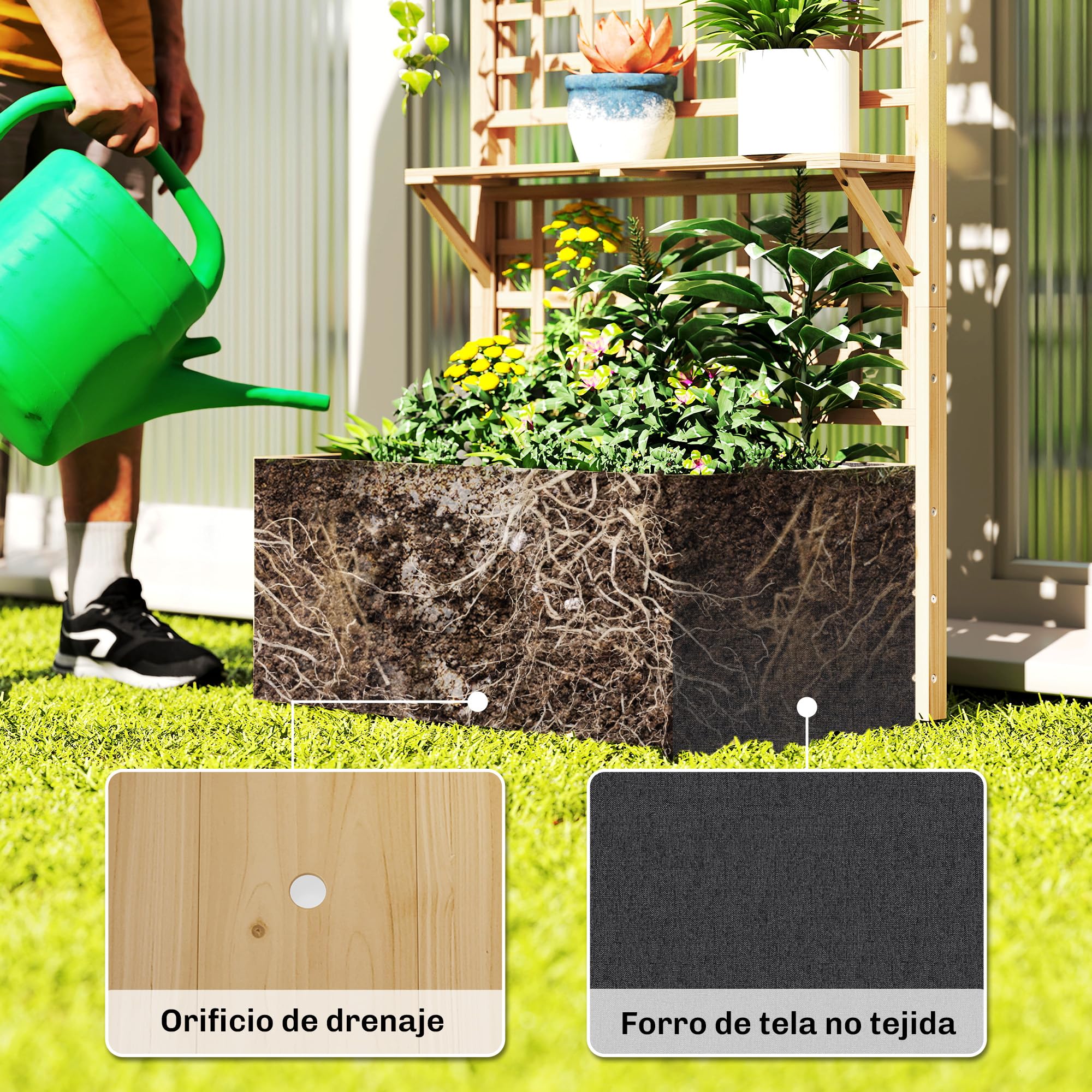 Outsunny Jardinera con Enrejado y Techo de Madera, Jardinera Exterior Grande para Plantas Trepadoras, con 2 Estantes, Drenaje y Forro, Macetero Elevado para Patio, Terraza, 76x43,5x177 cm, Natural