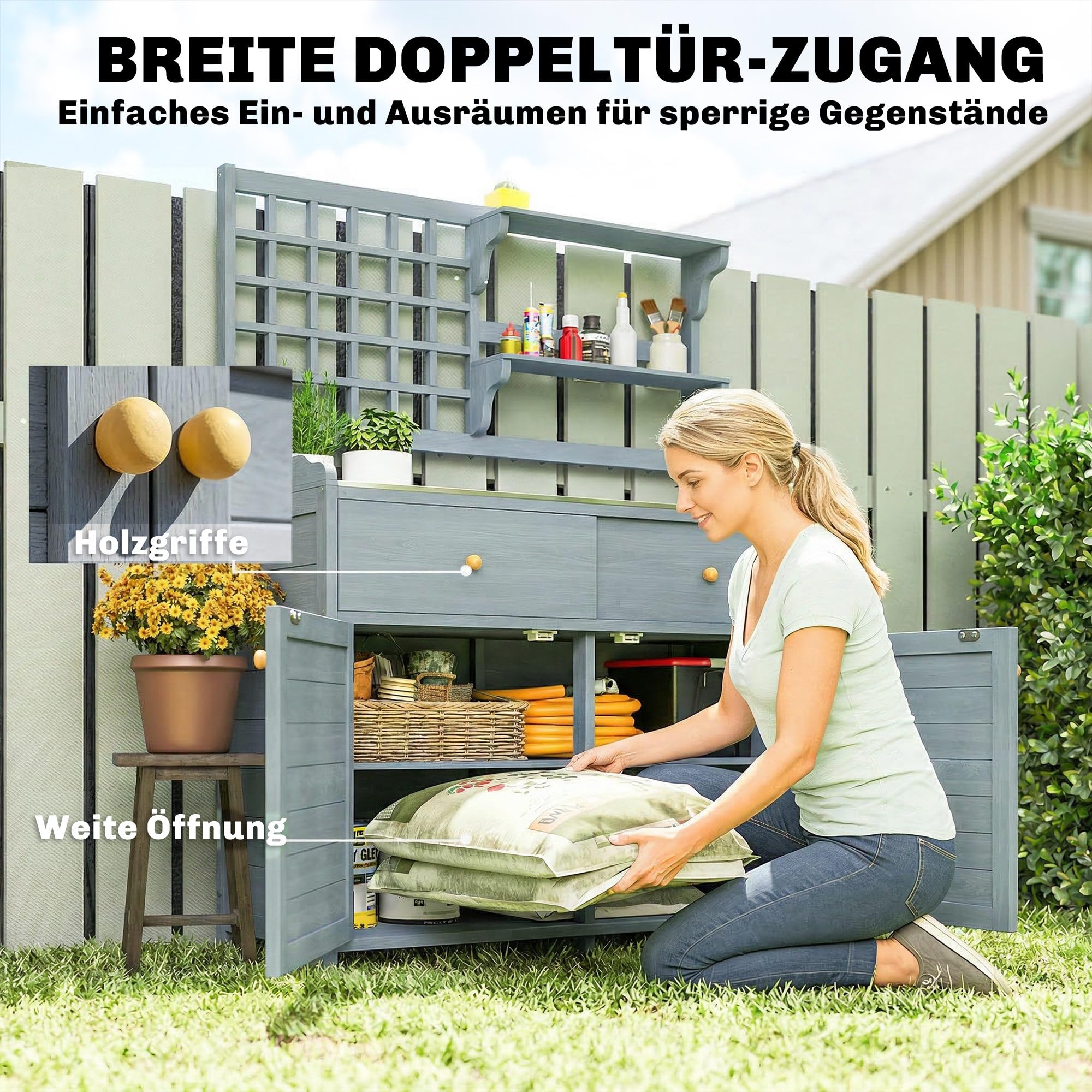 Outsunny Pflanztisch mit Unterschrank aus Holz Outdoor Gartenschrank mit verzinkter Arbeitsplatte 2 Schubladen wetterfest Gärtnertisch Geräteschrank für Garten Balkon Terrasse 104x44x140 cm Hellgrau