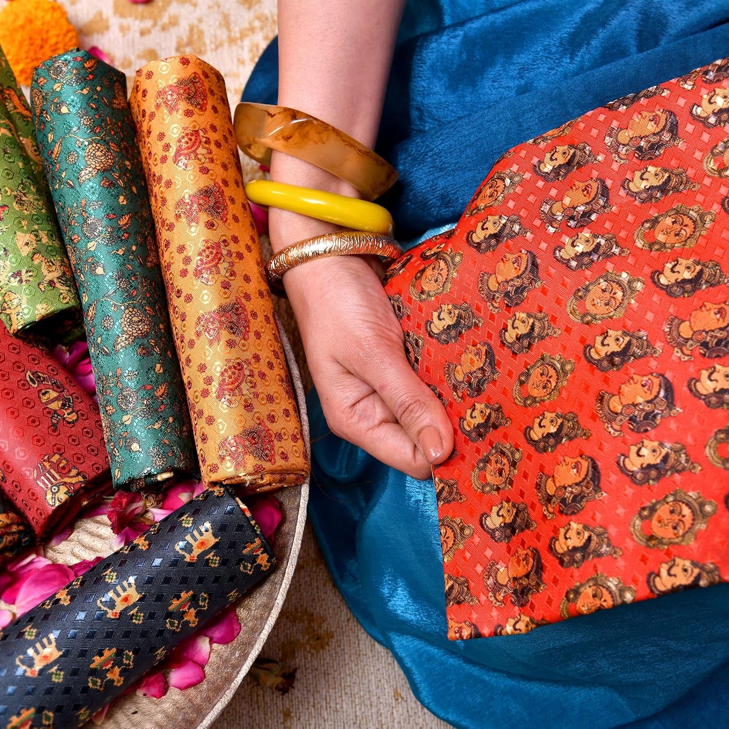 LOVENSPIRE Unstitched Kalamkari Multicolor Blouse Pieces for Women Saree, Pooja, Housewarming & Indian Return Gifts Pack of 10
