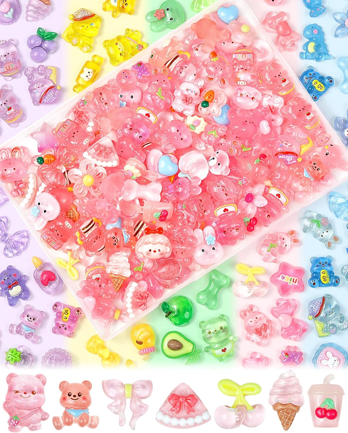 FIVEIZERO 100PCS Cute Slime Charms Bulk Set – Kawaii Flatback Resin Charms for Crafts, Mini Decoden Acrylic Embellishments for Phone Junk Cases, Scrapbooking & DIY Decoration (Pink)
