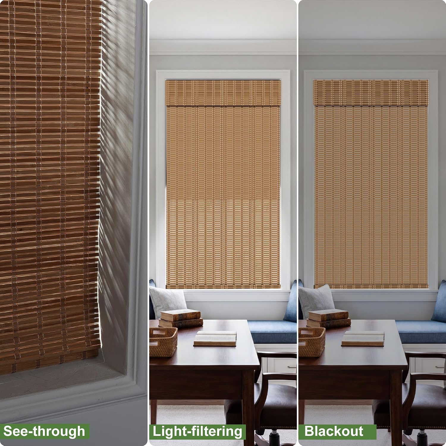 Cordless Bamboo Roman Shades for Windows, Blackout Linen Roman Blinds Thermal Insulated UV Blocking Window Shades, Room Darkening Fabric Blinds for Indoor Windows,Blackout-Brown,33.5"W x 64"H