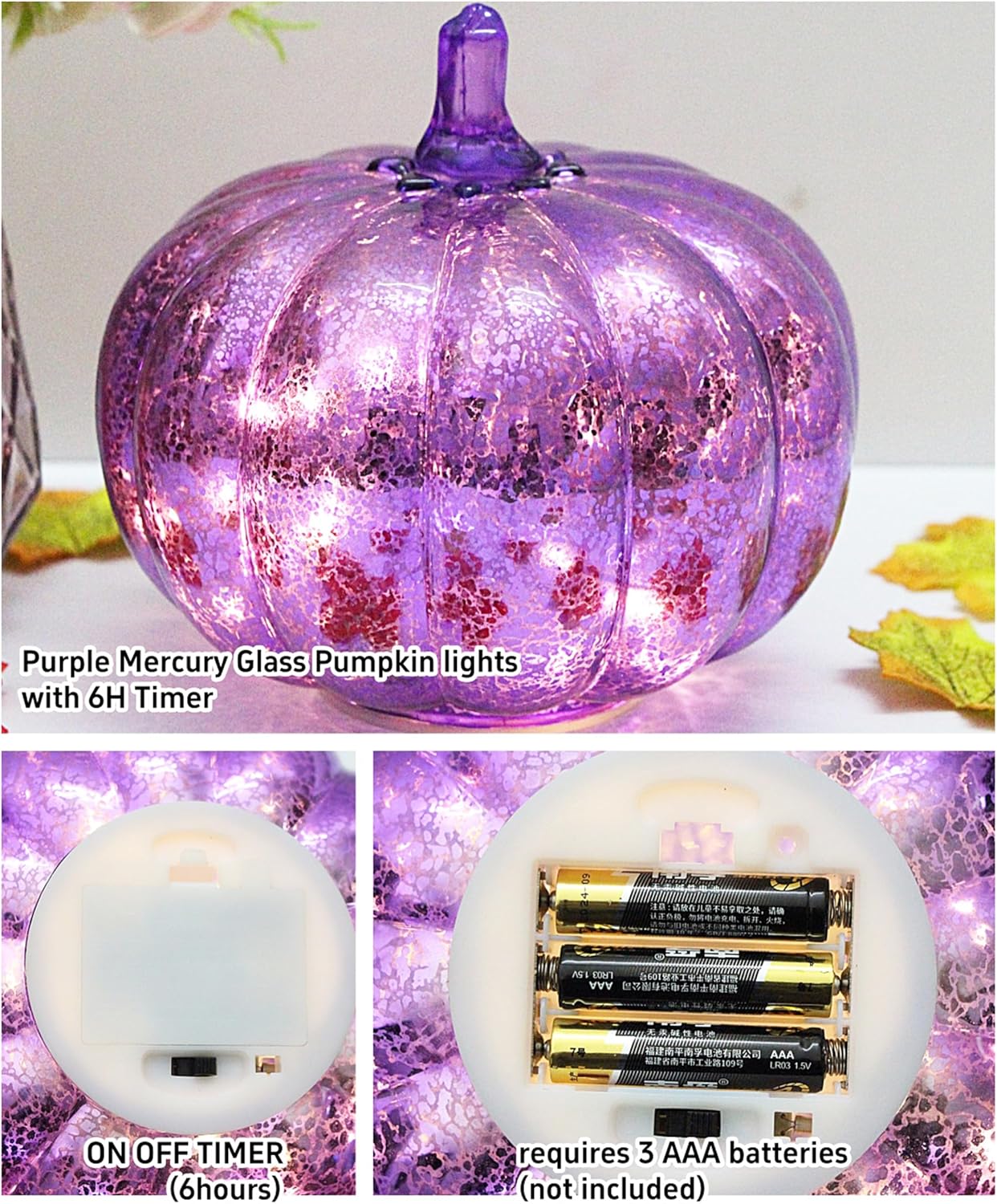 Mercury Glass Pumpkin Light with 6hours Timer Set of 4, with 10 Fairy Lights Inside, Battery Operated Led Pumpkin Lamp, Ideal for Halloween Fall Decoration, Thanksgiving Rustic Decor, Xmas Décor