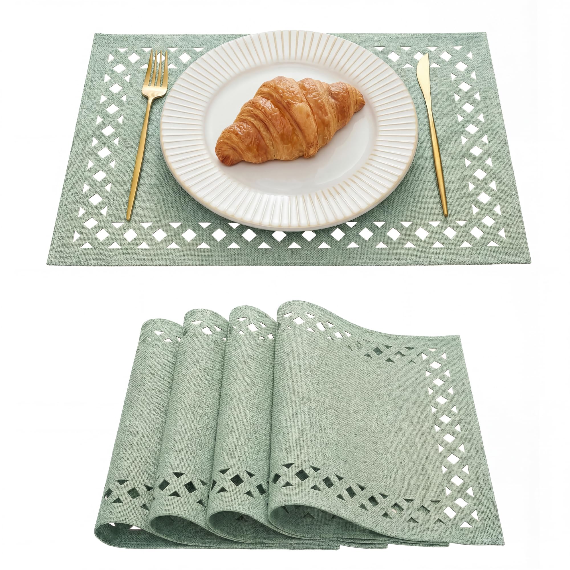 Artoid Mode Sage Green Geometric Hollow Linen Spring Placemat 30x45cm 4PCS