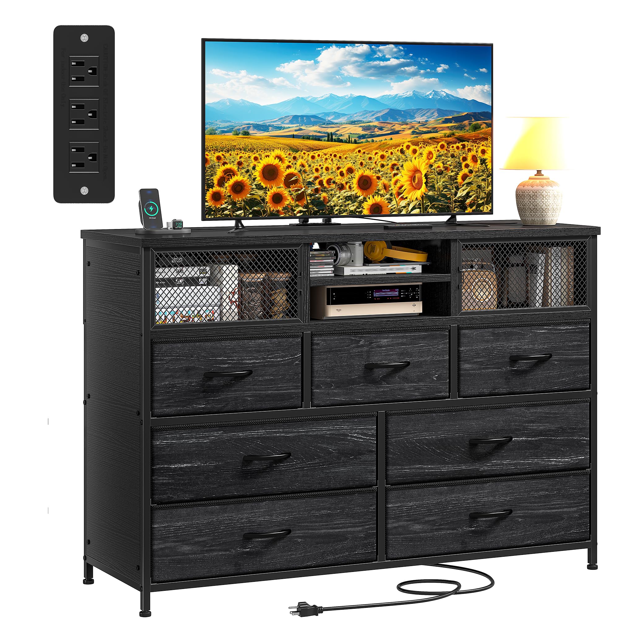 Black Dresser TV Stand for 50" TV with Charging Station, Sturdy Dresser for Bedroom with 7 Deep Fabric Drawers & Mesh Door, Chest of Drawers for