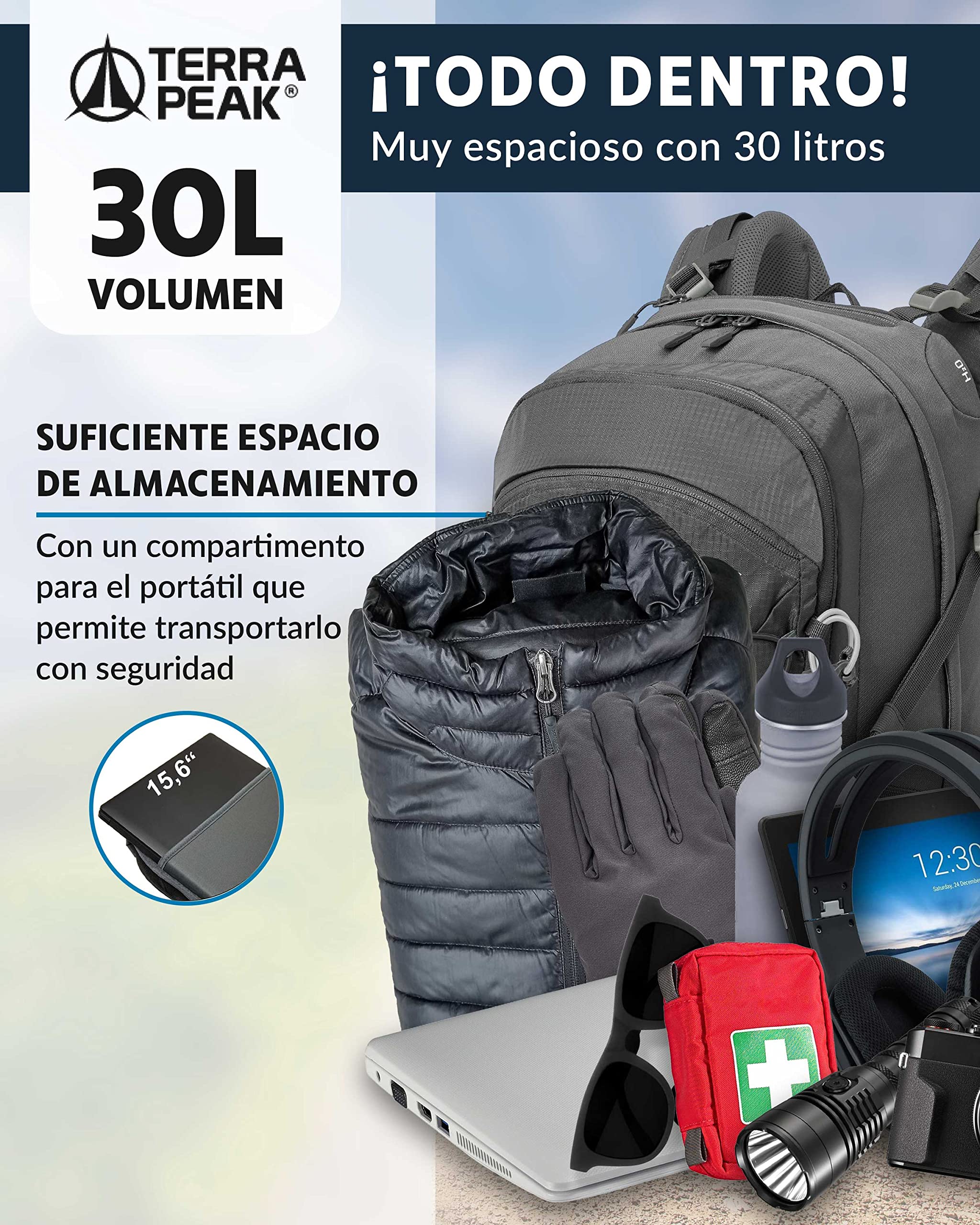 Terra Peak® Mochila de Senderismo 30L para hombre y mujer (FLEX 30 MEDIO) - Mochila de montaña, trekking y viaje para exteriores, ergonómica e impermeable, con ventilación trasera (transpirable)