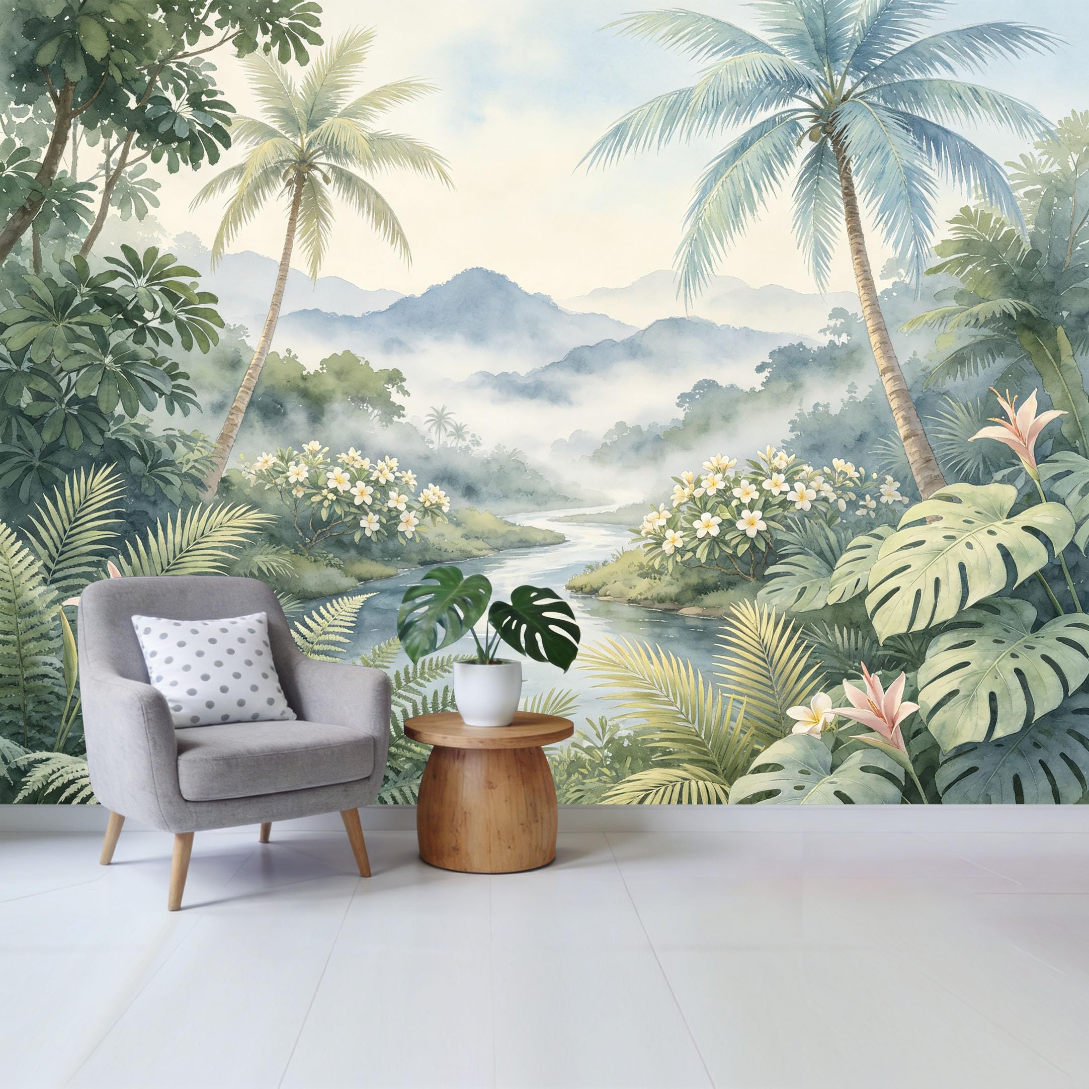 Custom Size Wall Mural Tropical Jungle River Mountain Watercolor Botanical Removable Self Adhesive Fabric， Home Wall Decor for Living Room Bedroom Bathroom