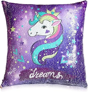 QTMY Little Mermaid Cute Unicorn Throw Pillow Case Sequins Cushion Cover Reversible Color Changing Sequins for Couch Decoration 16" x 16" Purple