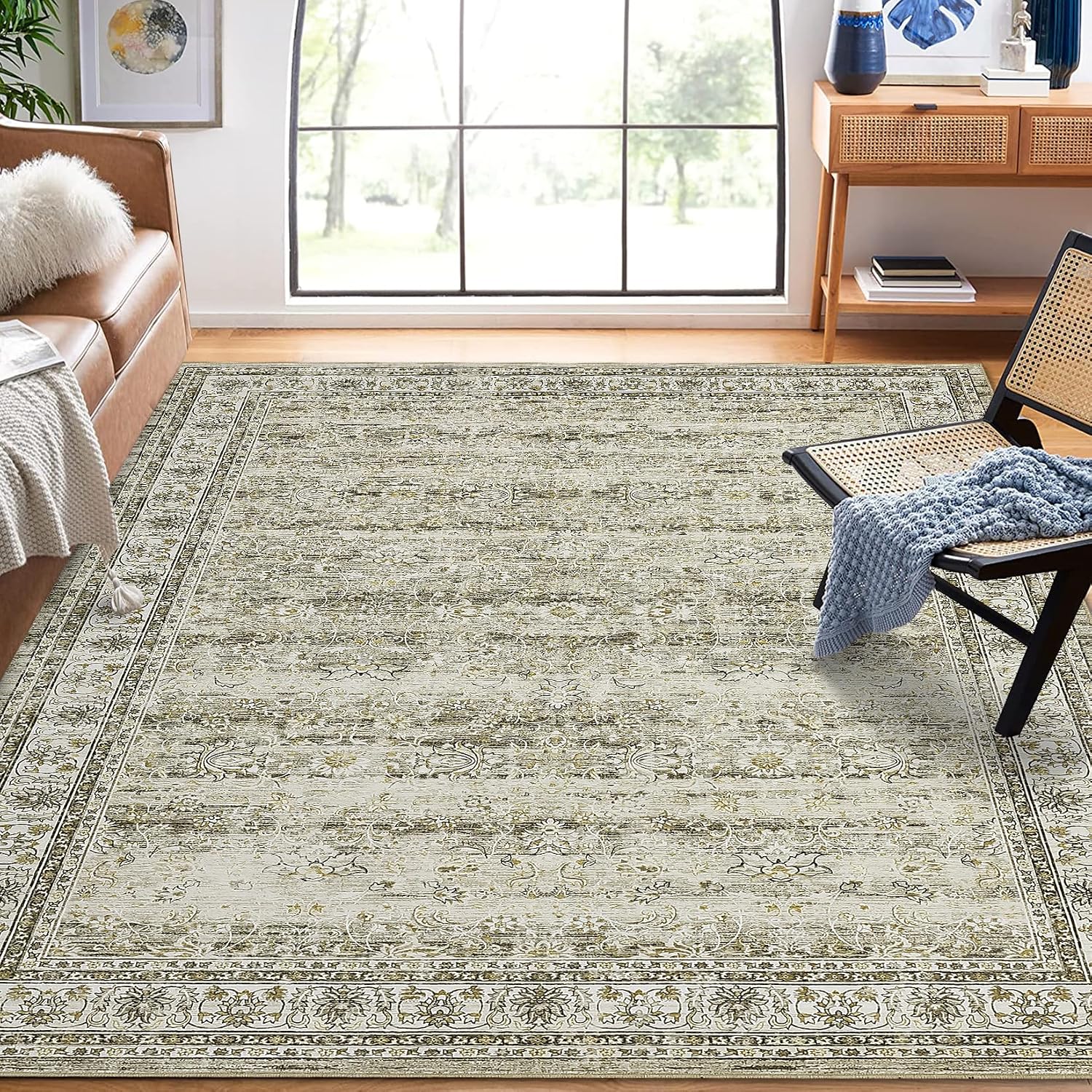 Washable Rug 10x13 Rug Vintage Living Room Rug Floral Floor Carpet No-Shedding Oriental Rug for Living Room Washable Bedroom Rug Non-Shedding Large Area Rug Non-Slip Carpet for Home Office