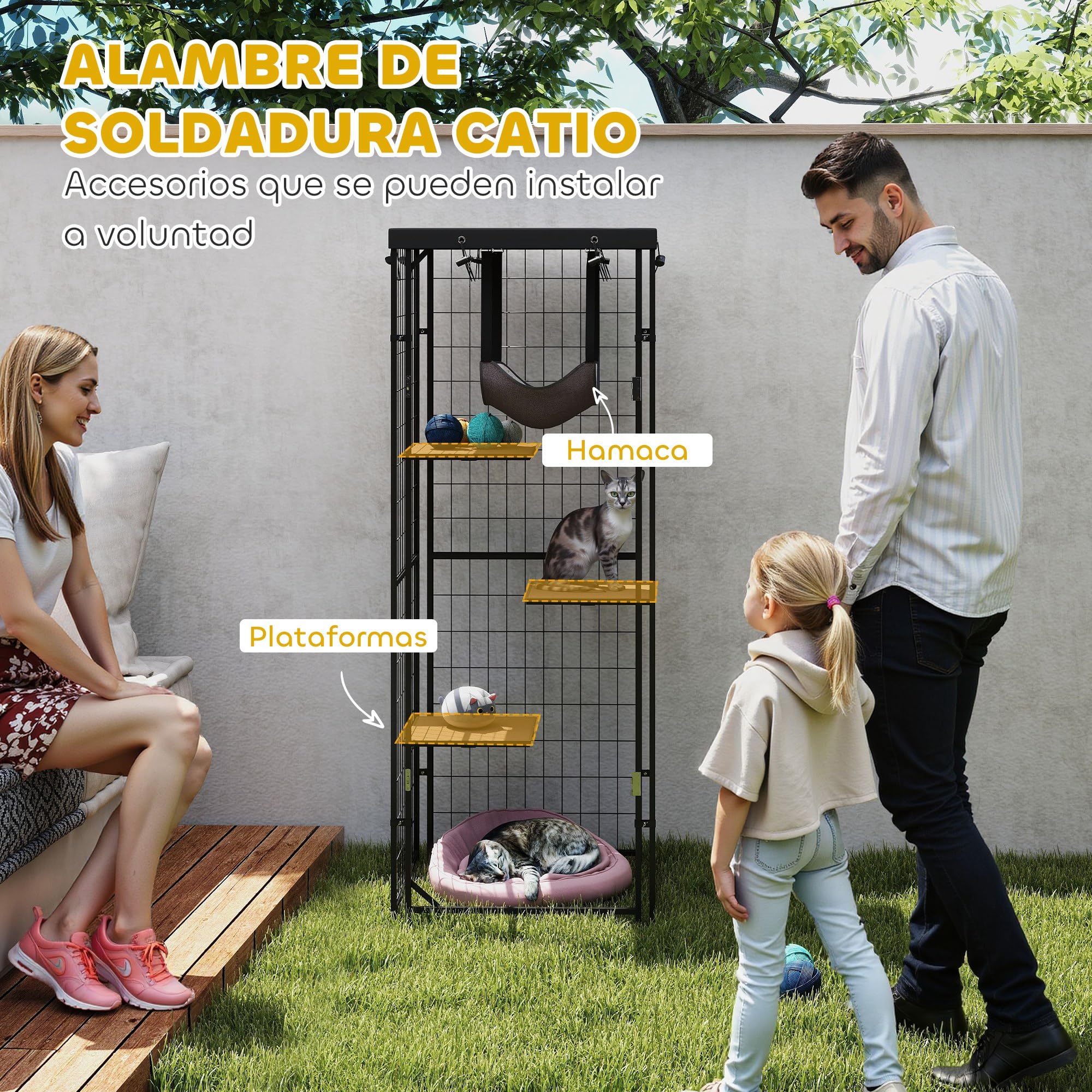 PawHut Jaula para Gatos para Exterior e Interior Recinto para Gatos con Cubierta Impermeable 3 Plataformas Hamaca Cojines y Puerta 61,5x55x157 cm Negro