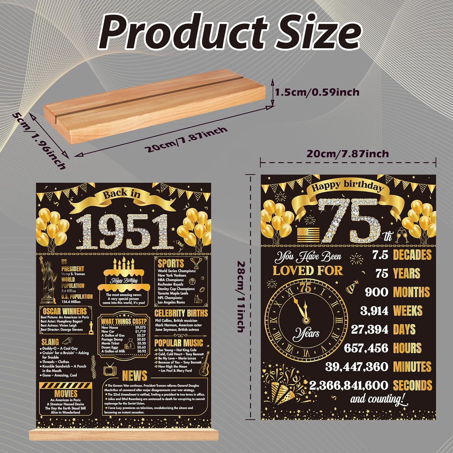 Black Gold 75th Birthday Decorations for Men Women VintageWooden Two-Sided Back in 1951 Birthday Table Sign Poster with Stand Cheers to 75 Years Birthday Anniversary Theme Table Decor Display Holder - Image 3