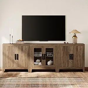 WAMPAT Farmhouse TV Stand for TVs up to 85 Inch, 3-Piece Modular Entertainment Center with Glass and Wood Doors, Media Console for Living Room, Bedroom, Home Theater, Brown