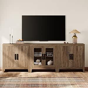 WAMPAT Farmhouse TV Stand for TVs up to 85 Inch, 3-Piece Modular Entertainment Center with Glass and Wood Doors, Media Console for Living Room, Bedroom, Home Theater, Brown