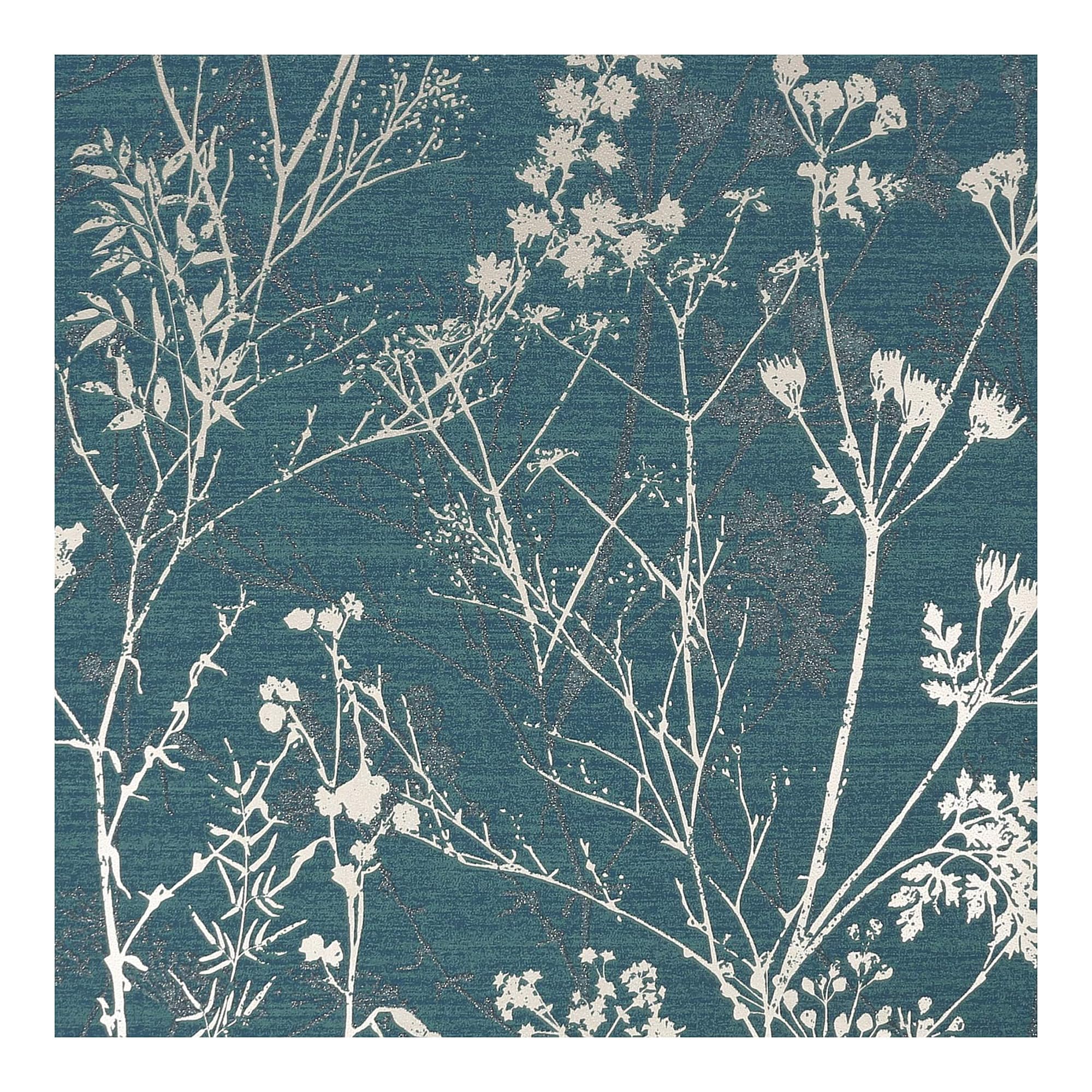 B&Q -  Hedgerow Floral Teal & Silver Wallpaper