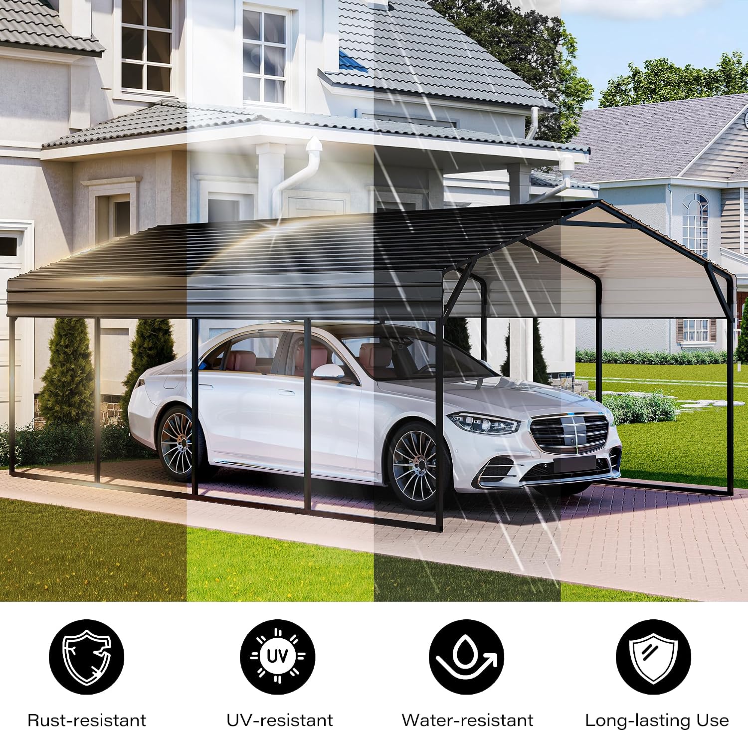 LAUSAINT HOME 12x20 FT Metal Carport Enhanced Base Heavy Duty Garage Carports, Outdoor Garage Car Port, Oversized Carport Canopy with Steel Roof and Frame, for Pickup, Boat and Tractor (12'x20')