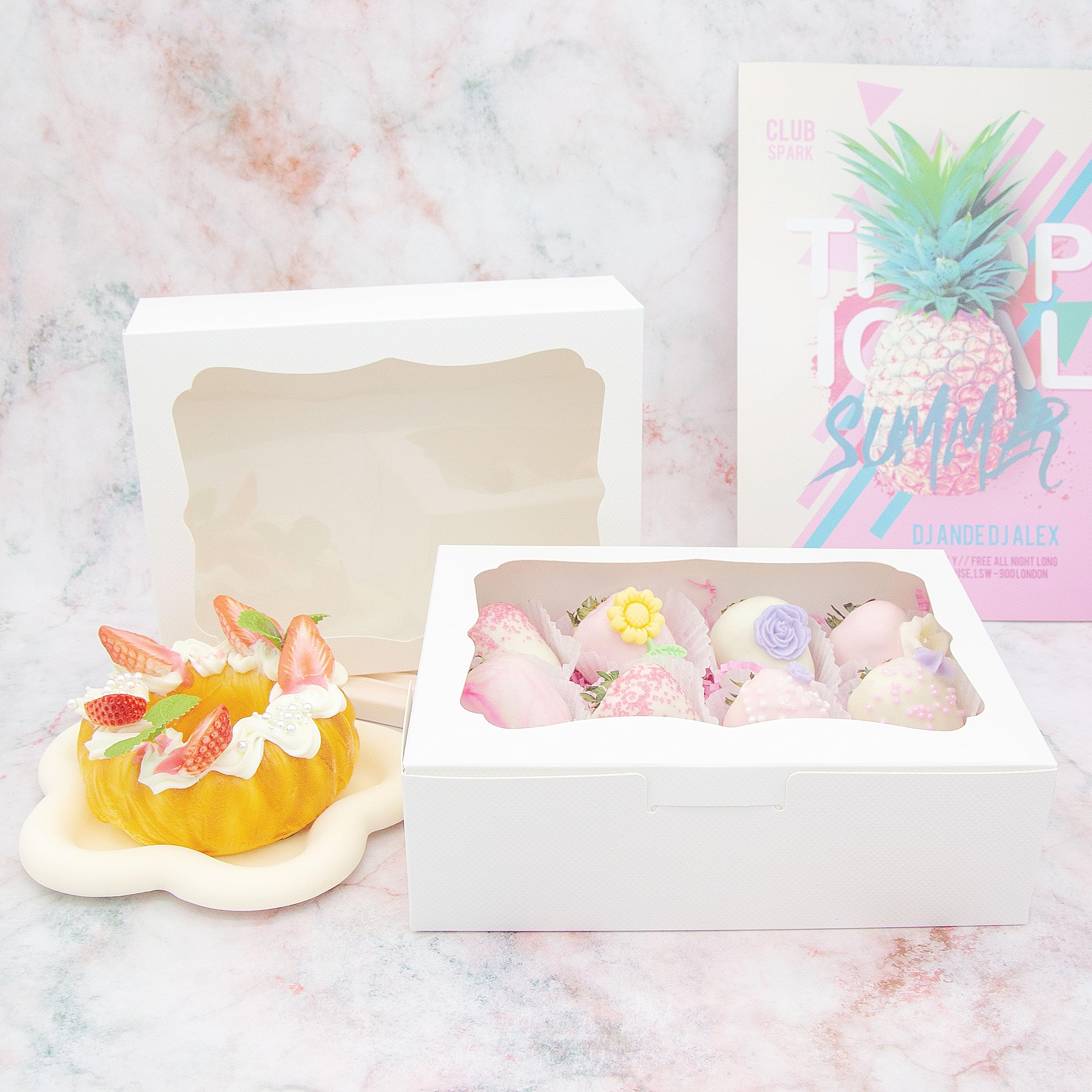 QULIT 50 cajas de panadería blancas de 8 x 6 x 2.5 pulgadas con ventana, cajas de pastelería, cajas de postre para galletas, macarrón, dona, magdalenas de chocolate, fresa y cupcakes