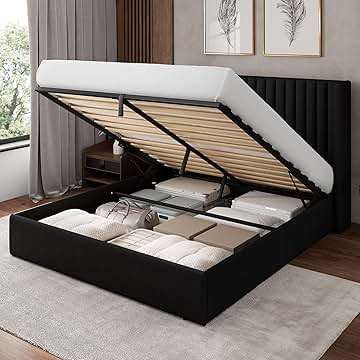 Feonase Queen Size Lift Up Storage Bed Frame, Linen Upholstered Platform Bed with Wingback Headboard, Hydraulic Storage, No Box Spring Needed, Black