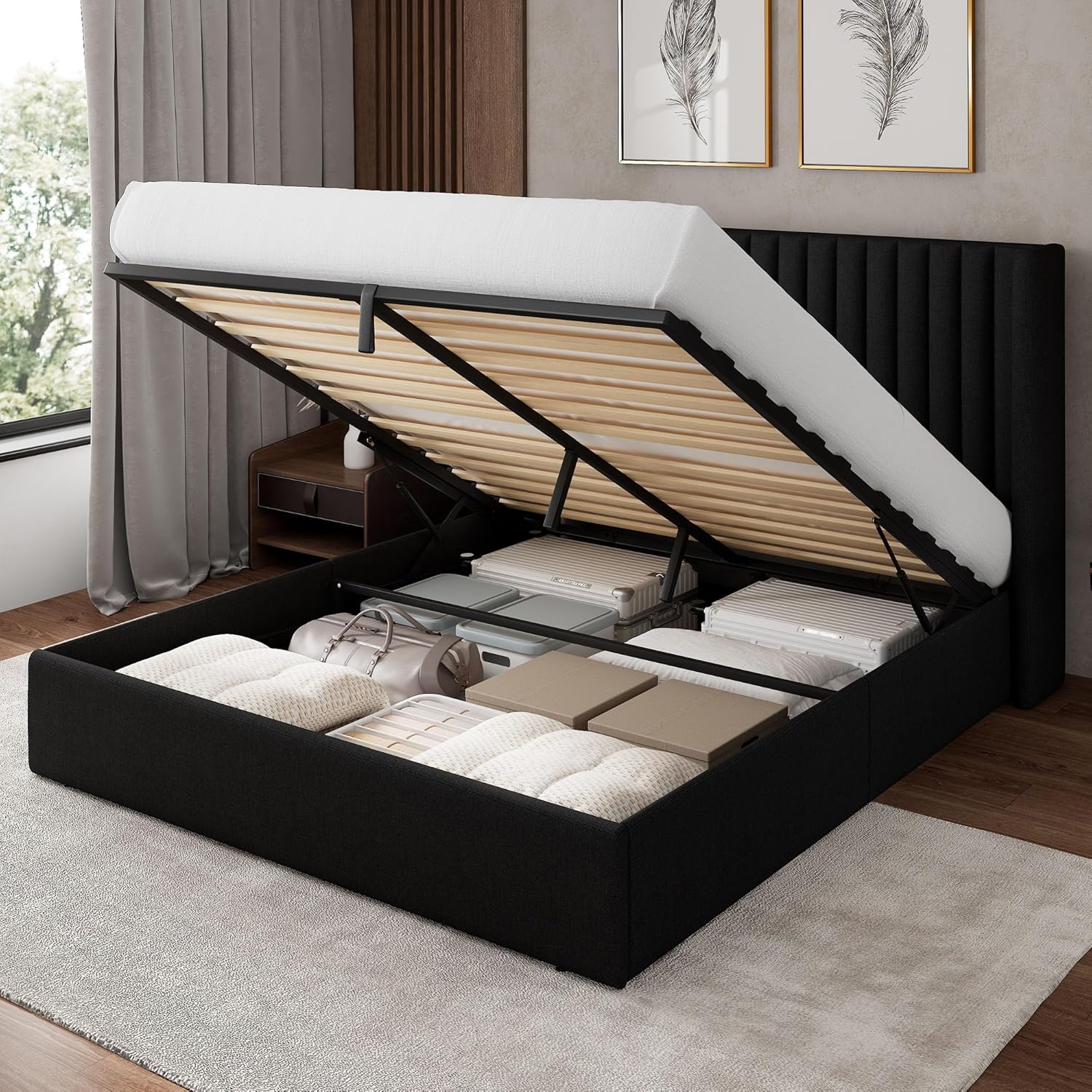 Feonase lift up storage bed frame showing linen upholstery and wingback headboard