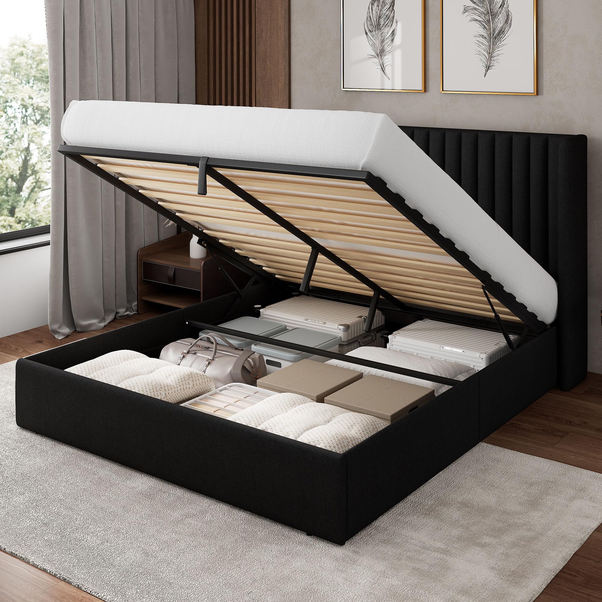 Photo 1 of    Incomplete item, parts only***
Feonase Full Size Lift Up Storage Bed Frame, Linen Upholstered Platform Bed with Wingback Headboard, Hydraulic Storage, No Box Spring Needed, Black