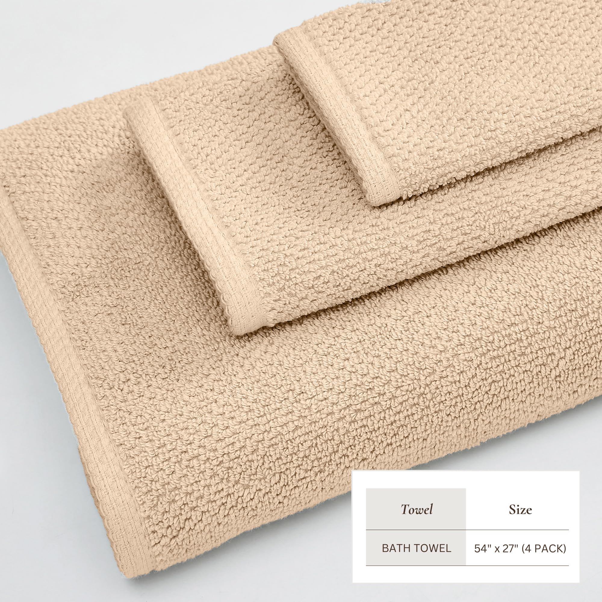 Great Bay Home Badetuch-Set, 100 % Baumwolle, 137 x 68 cm, saugfähig, schnell trocknend, langlebig, für Badezimmerdekoration, niedrig, zweilagige Fasern (Taupe), 4 Stück