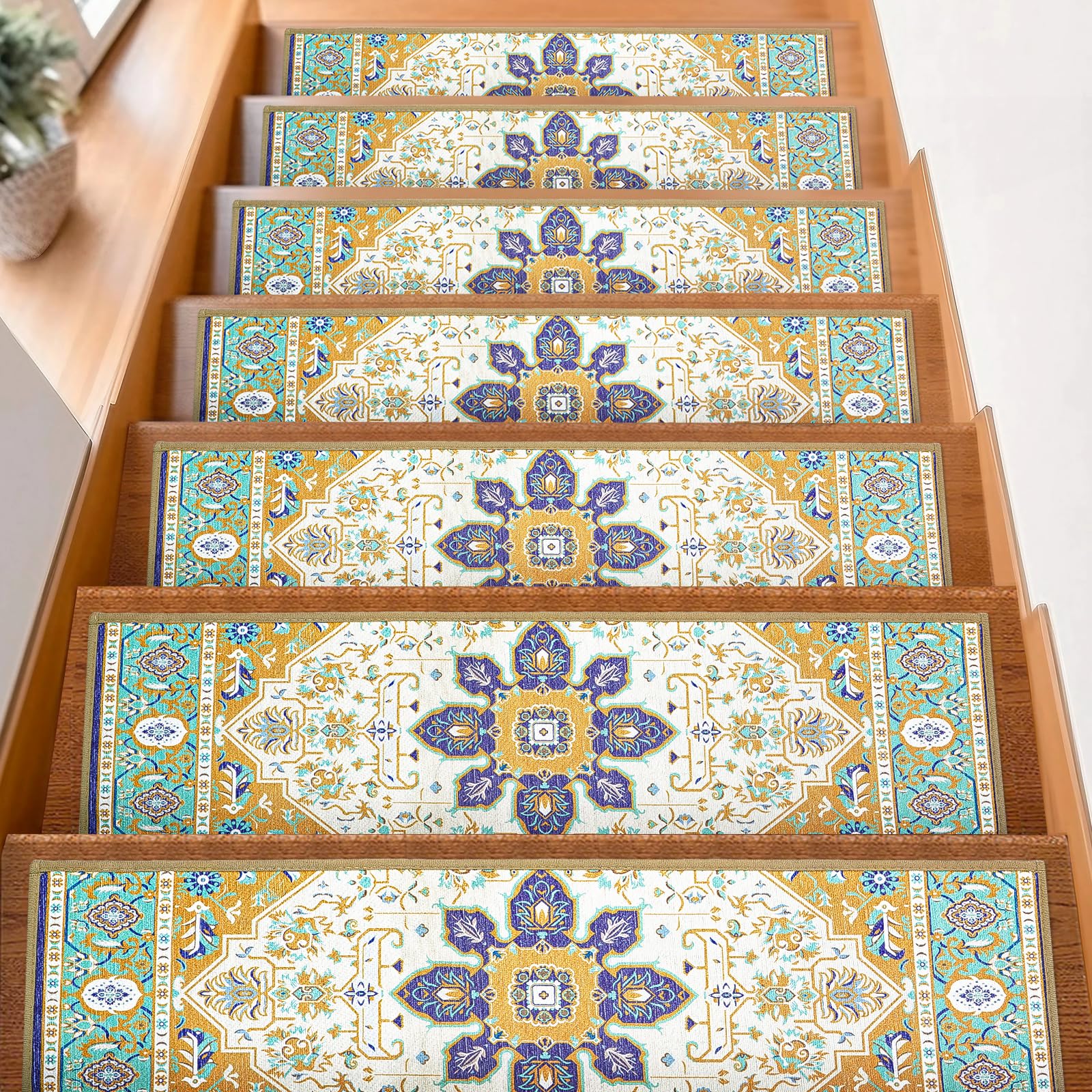 15Pcs Stair Treads for Wooden Steps Indoor with Self Adhesive, 8"x30" Non Slip Stair Treads Stair Carpet Runner, Resistant Indoor Runner for Kids、Elders and Pets,Blue and Gold Pattern