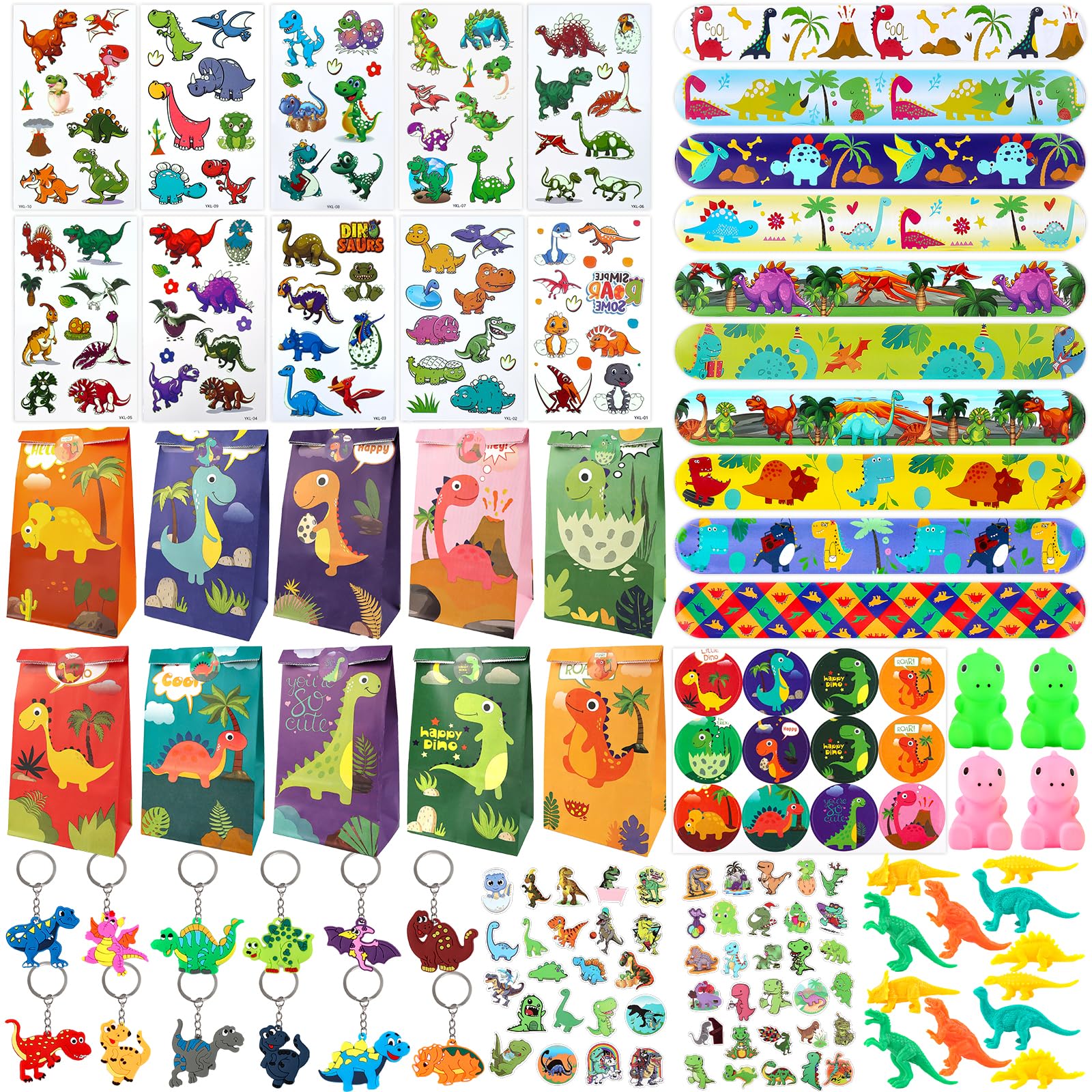 Dinosaur Party Bag Fillers for Kids- 108 Party Favours including bags dinosaur keyrings snap bracelets and stickers, Give Away Girls Boys for Pinata Fillers Birthday Toys Favours Class Rewards