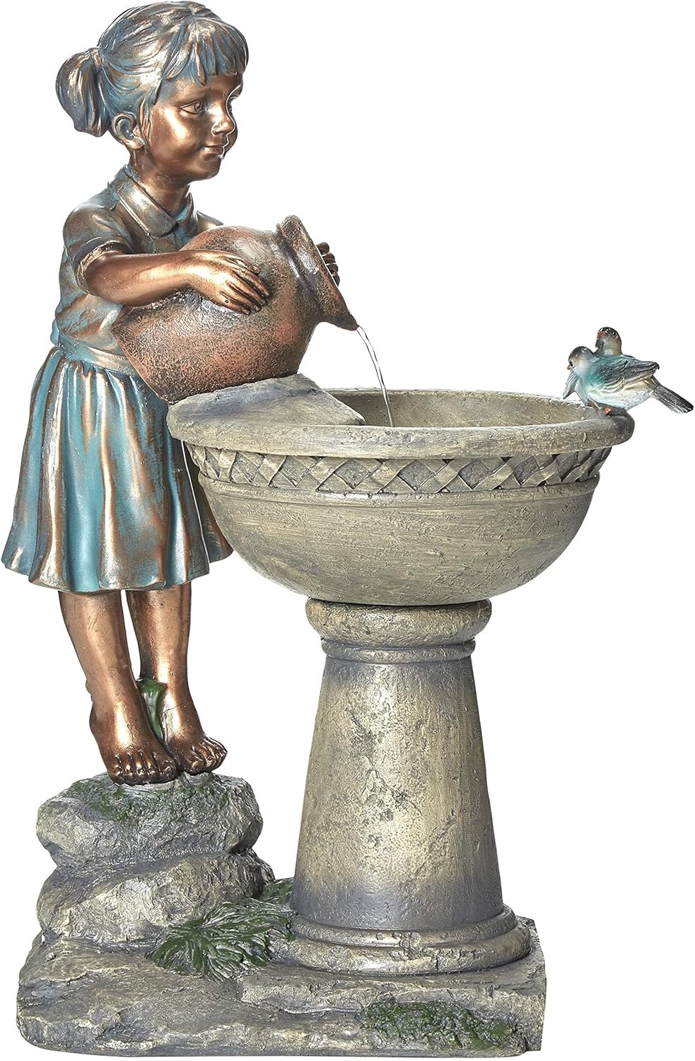 Pemberly Row Bird Bath Outdoor Water Fountain, Polyresin and Fiberglass Construction, Stone Finish, 29 in H x 21 in W x 14 in D, Weatherproof with Pump, Indoor or Outdoor Use