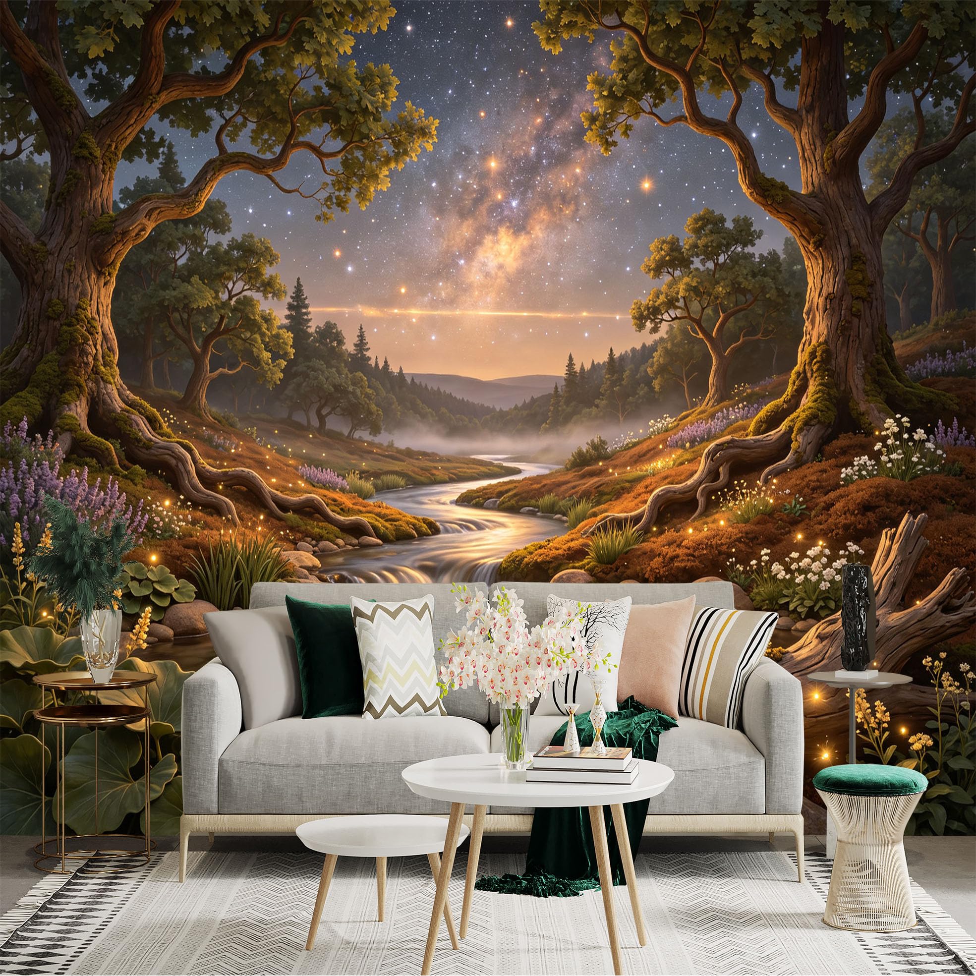 Lnzczhyre Bh260719669 Custom Size Wall Sticker Mural， Enchanted Forest Stream， Glowing Milky Way Night， Magical Nature Landscape， For Wall Decoration， Peelandstick Wall Decals.
