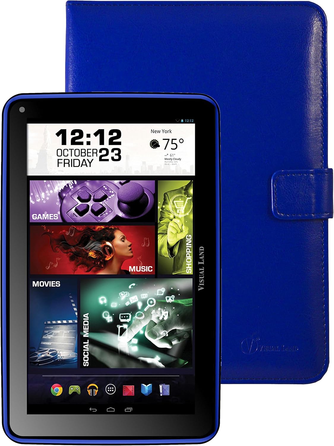 Przód view of the Prestige ELITE 7Q-KC tablet displaying the Android home screen with various app icons and widgets.