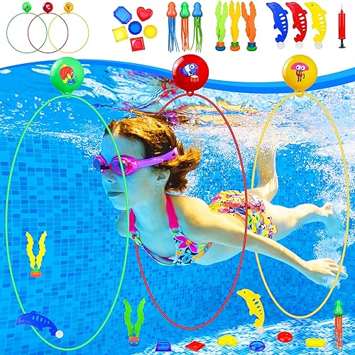 18 juguetes de piscina para niños de 3 4 5 6 7 8 9 10 11 12, 3 anillos de natación + 14 juguetes de buceo en piscina para juegos de piscina,