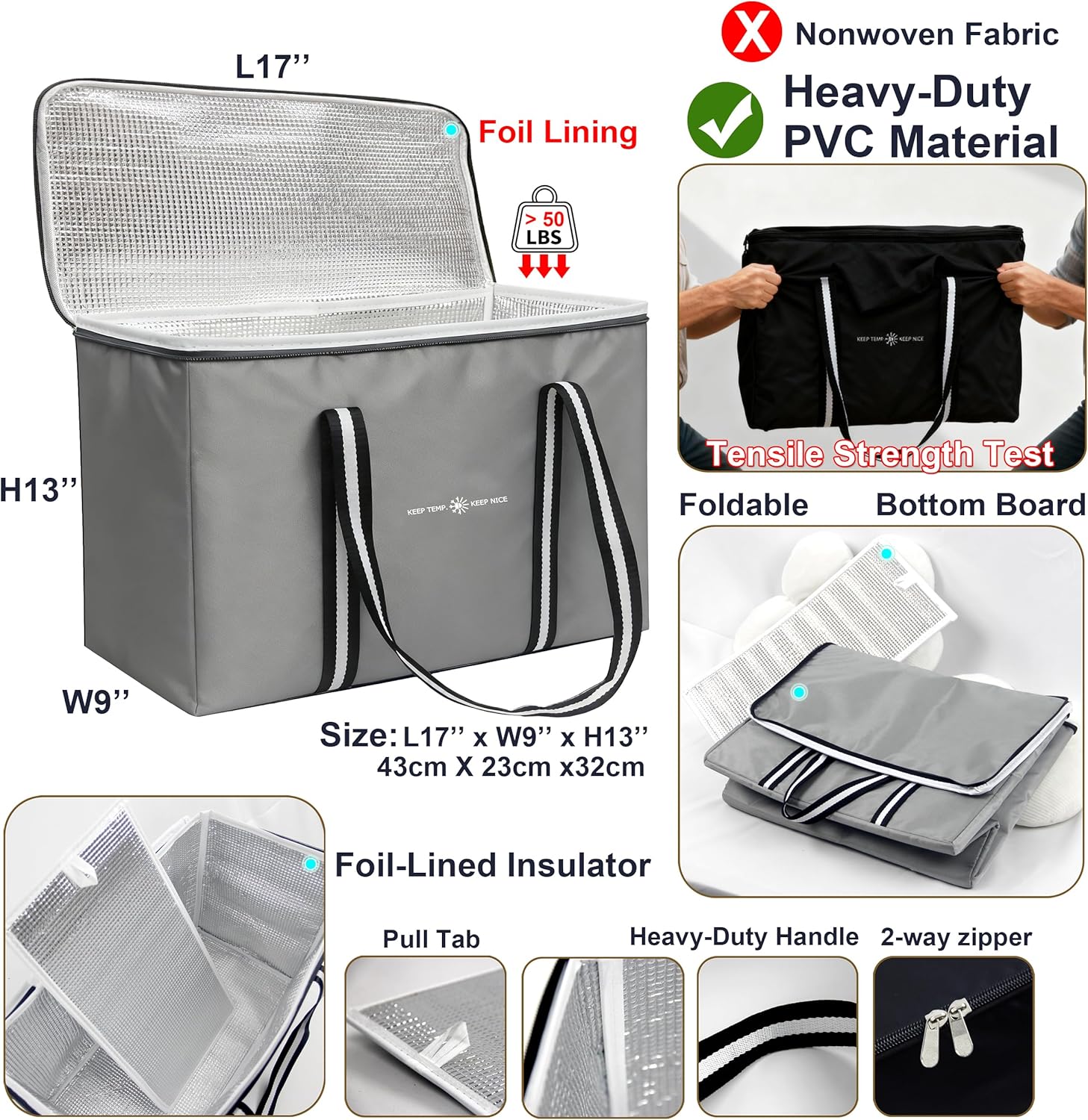 modscape Large Heavy Duty Insulated Grocery Bags–Delivery Bags with Hard Bottom Food Transport,Thermal Bags for Cold and hot Food, Foldable Cooler Tote for Shopping & Travel, Camping & Beach