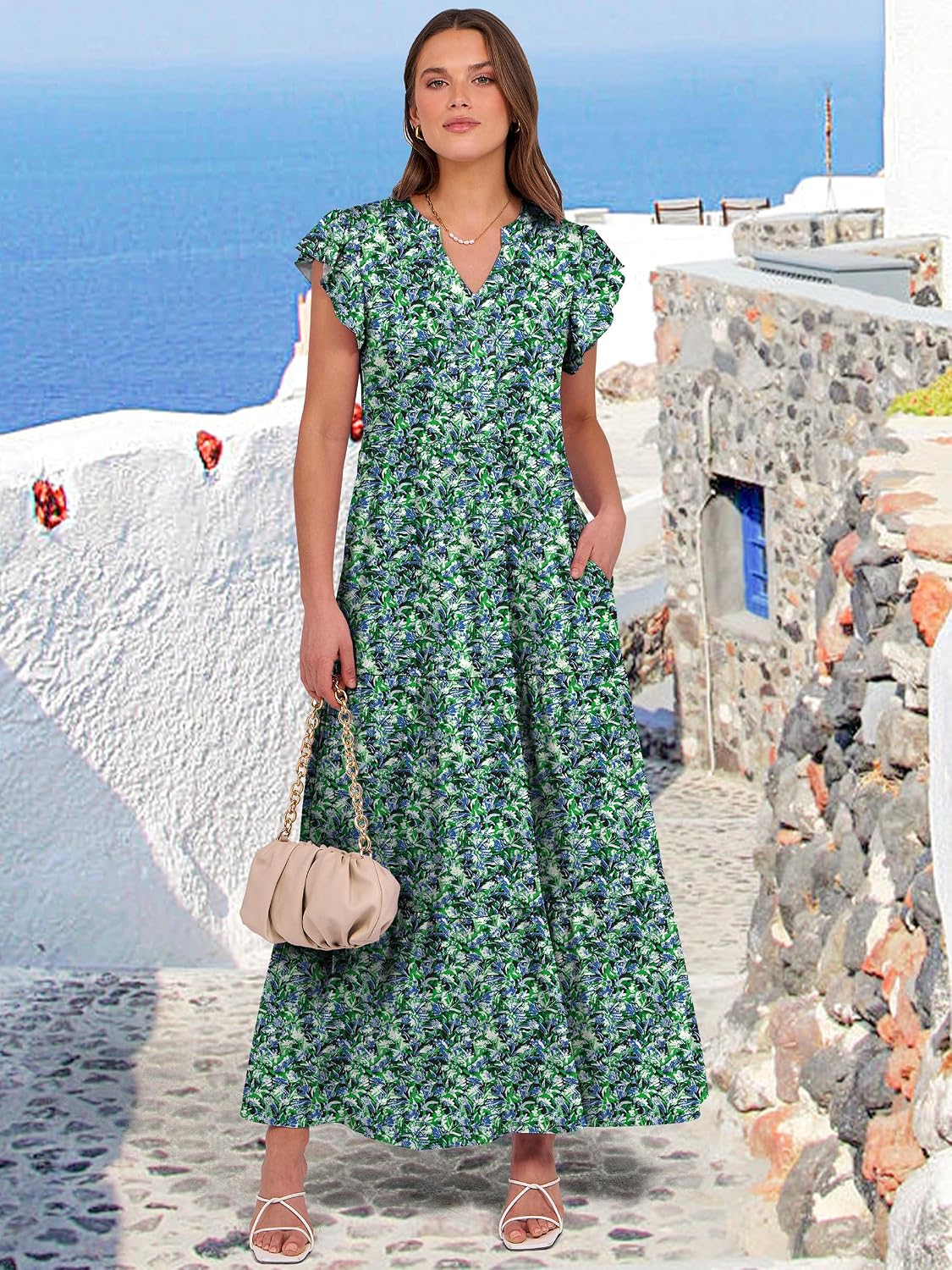 ANRABESS Womens Summer Casual Maxi Dress V Neck Ruffle Sleeve Long Dresses Fashion Flowy Tiered Boho Beach Vacation Sundress