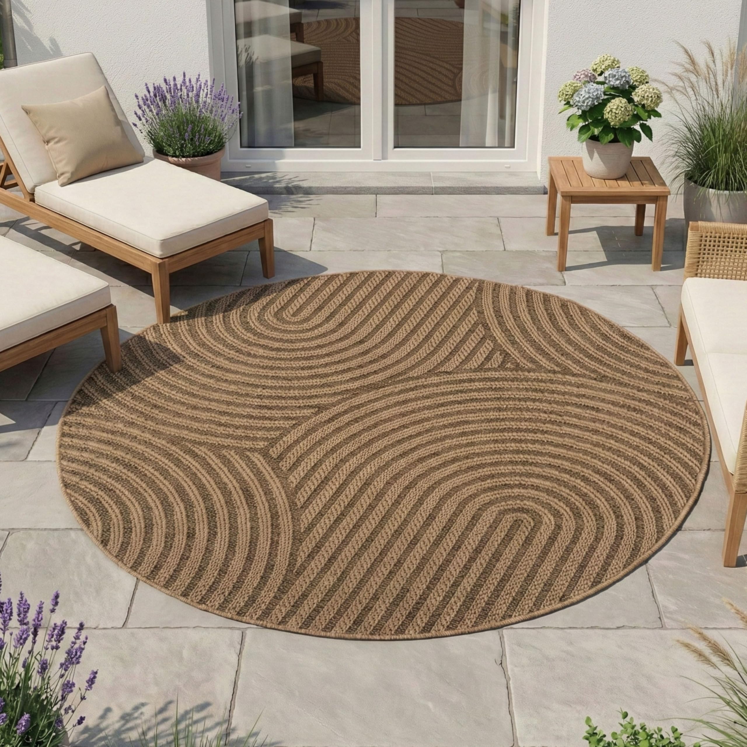 Tapis extérieur rond 160 cm beige aspect jute pour terrasse et jardin HomebyHome