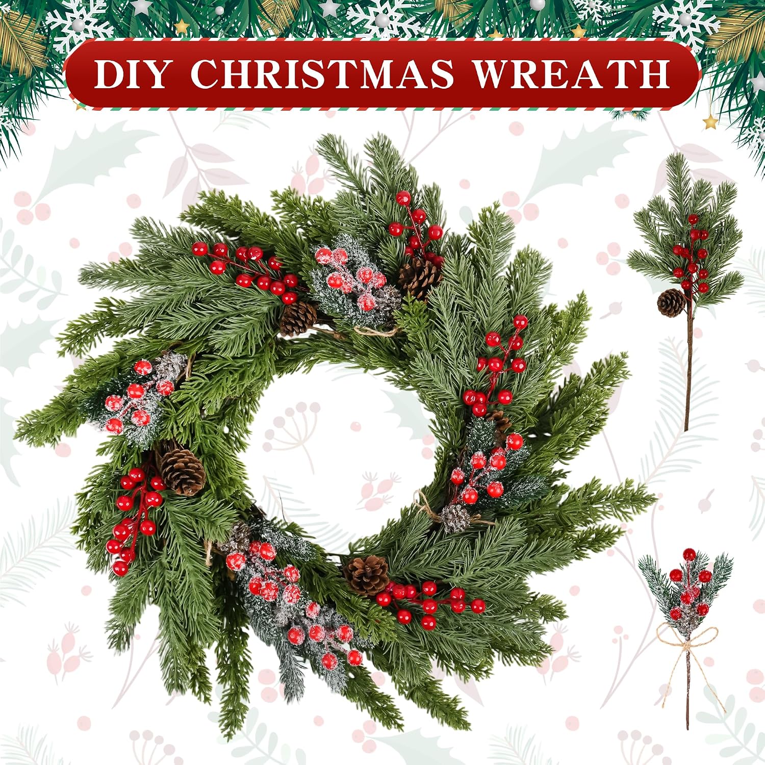 12PCS Artificial Christmas Flowers with Red Berries Pine Cone, 14.1 & 8.4 Inch Christmas Pines Decoration for DIY Wreath, Christmas Tree, Centerpiece, Vase Fillers Holiday Decor