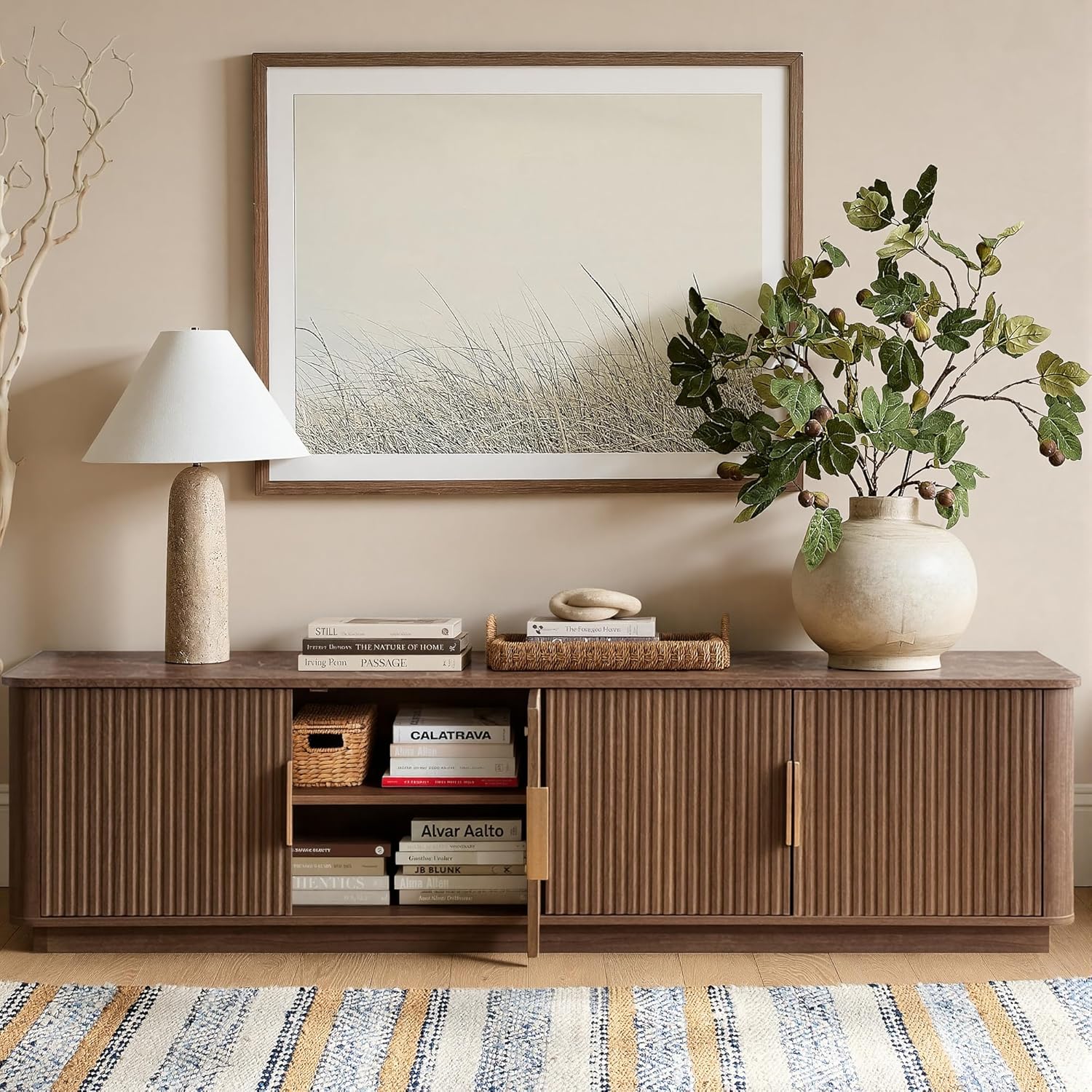 win2win 71" TV Stand for 80 Inch TV, Mid Century Modern Fluted Entertainment Center with Faux Marble Top, Curved Corners, Minimalist Media Console with Storage for Living Room Bedroom, Walnut
