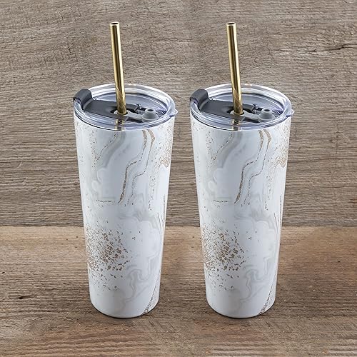 Miniatura 2 de Cambridge Juego de 2 vasos de paja de geoda aislados de 24 onzas, color blanco, 0