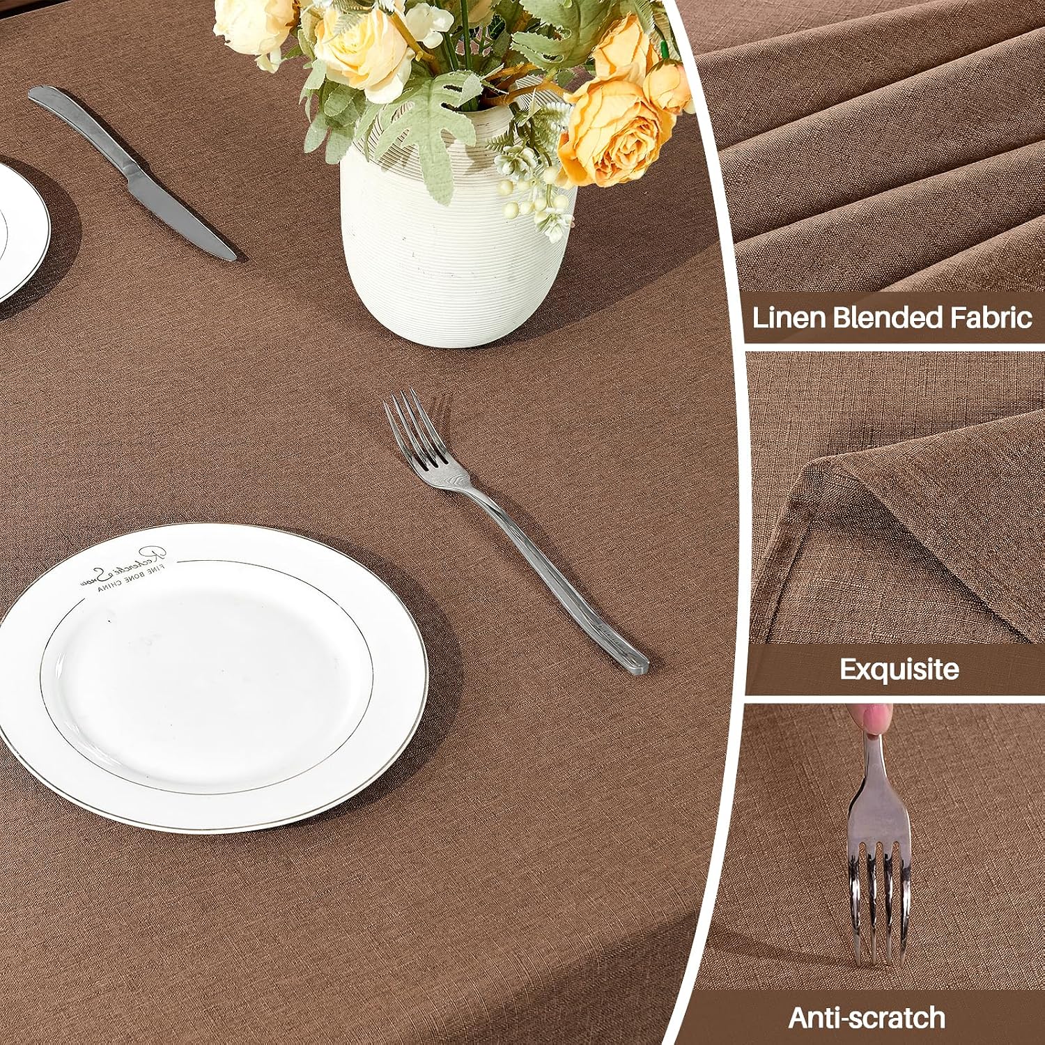 IVAPUPU Textured Linen Rectangle Table Cloth, Coffee, 60 x 104 Inch image 3
