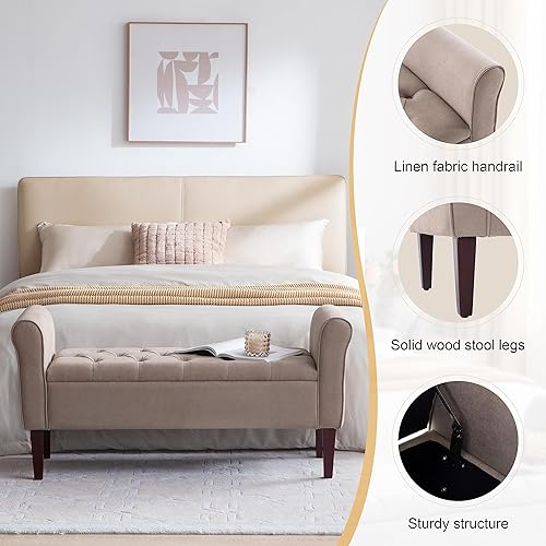 Miniatura 15 de HUIMO Banco de almacenamiento de 48 pulgadas, otomana de almacenamiento con brazos con patas de madera maciza de 7.5 pulgadas, banco de pie de cama