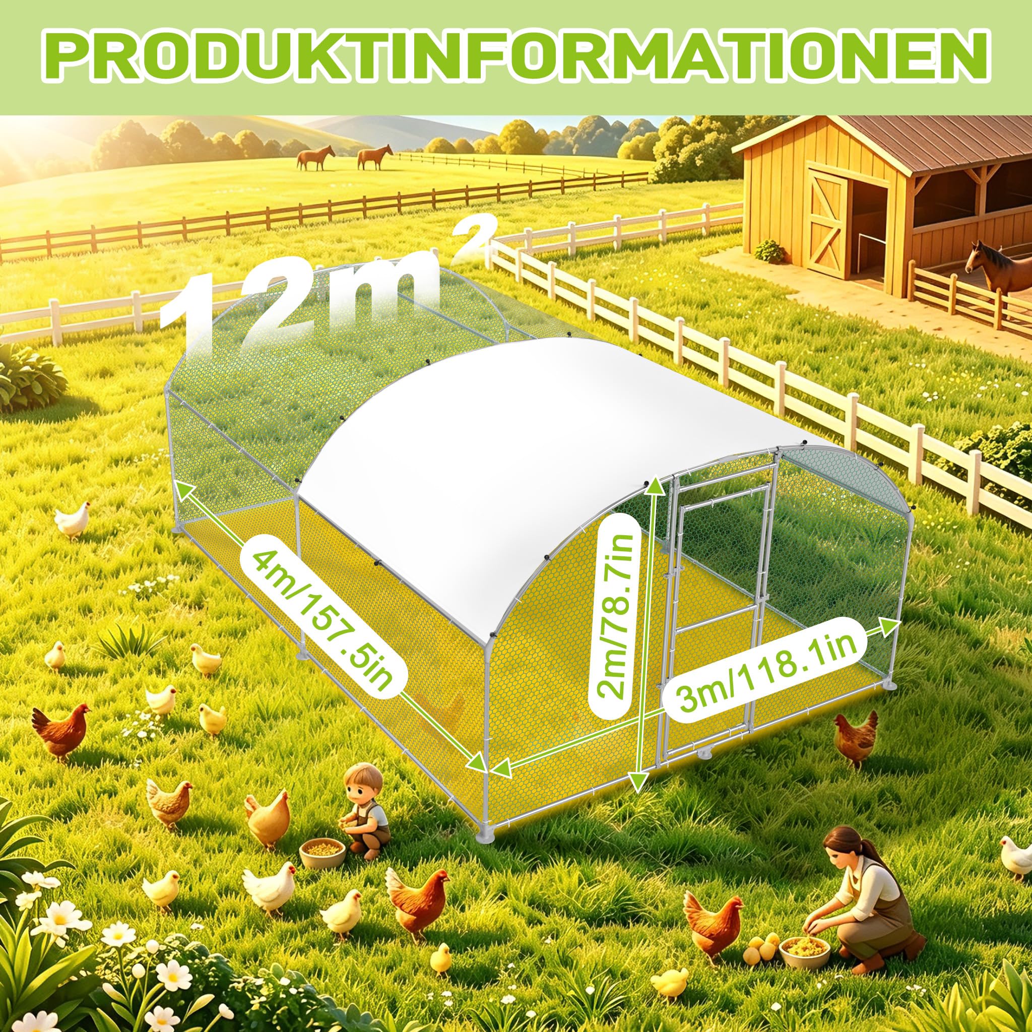 LZQ Hühnerstall 3x4m Freilaufgehege Hühnergehege Outdoor Hühnerkäfig Geflügelstall Verzinkter Metall Hühnerhaus mit Sonnenschutz Dach & Abschließbarer Tür, Freigehege für Hühner Kaninchen Kleintiere