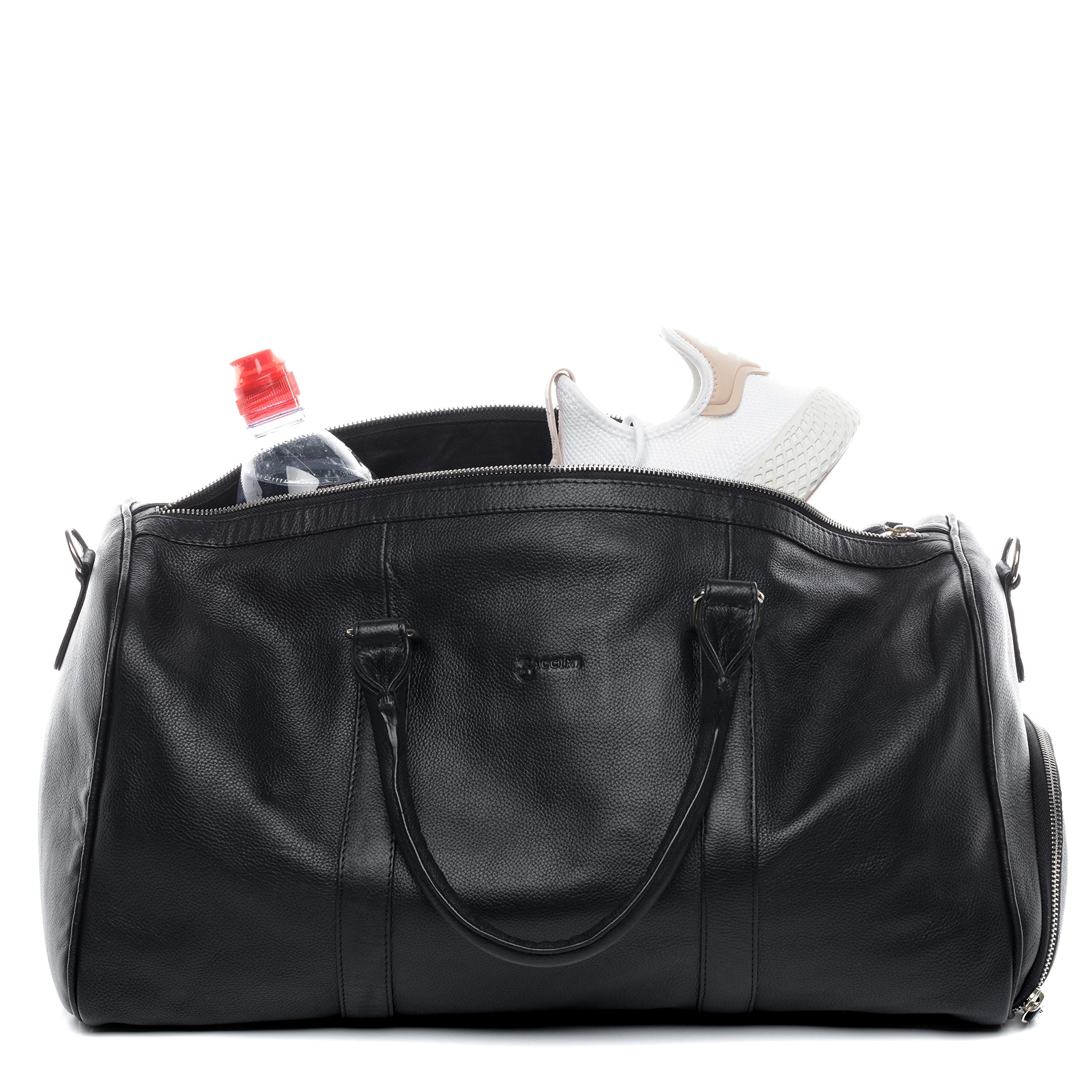 BACCINI® borsa viaggio tracolla vera pelle FLORIAN grande borsone bagaglio a mano sportiva duffle bag weekend uomo donna nero prodotto artigianale