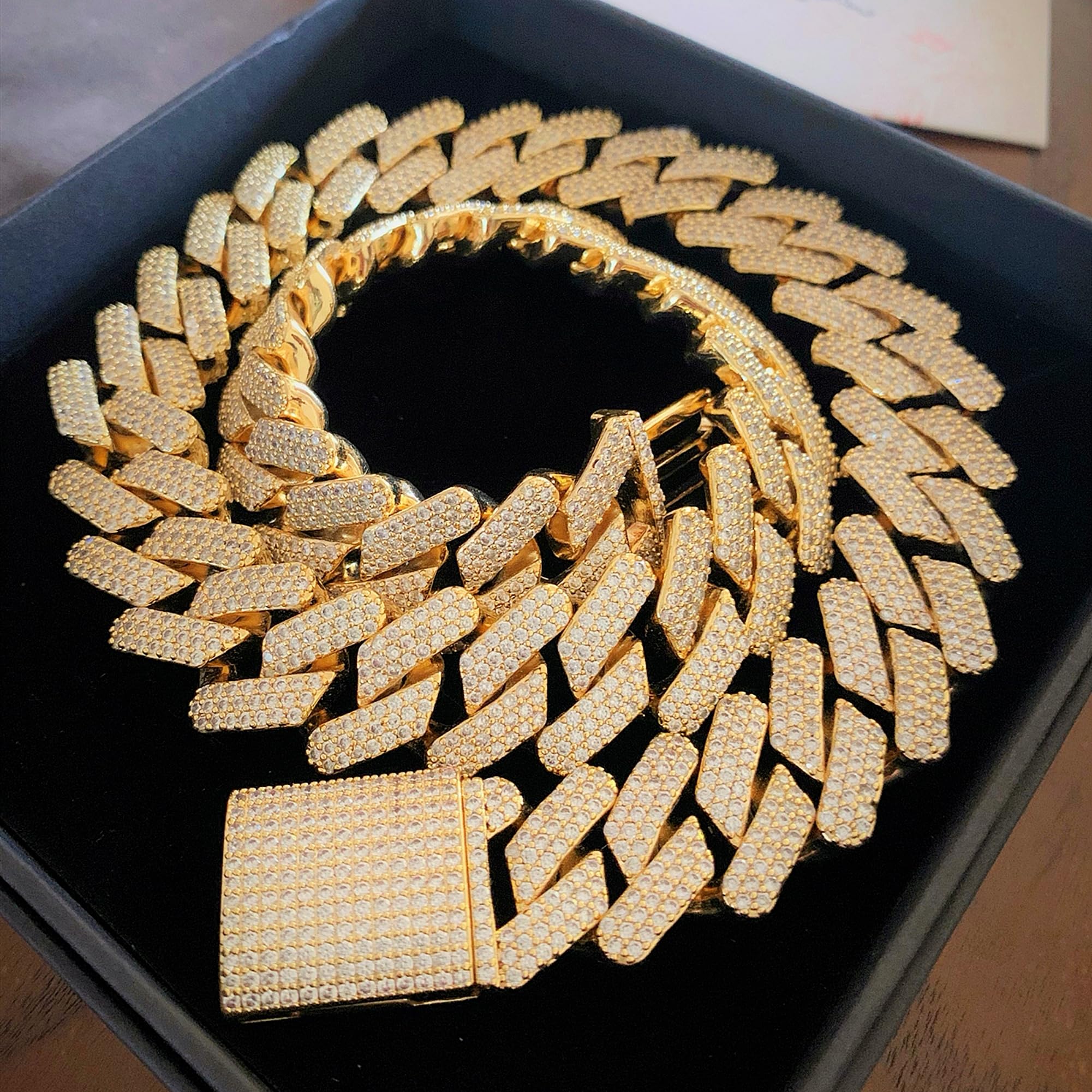 HALOKAIYA ICEDIAMOND 20MM Collana a catena cubana di Miami con diamanti a baguette di lusso pesante, gioielli hip-hop con zirconi placcati oro 14K per Rapper (22'', Gold)