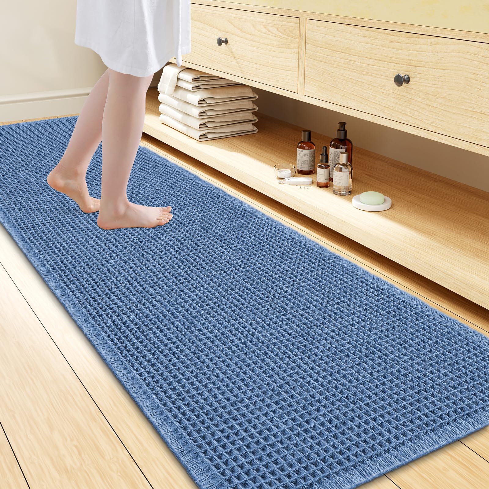 Smiry Waffle Bath Mat 72X24, Extra Soft Absorbent Bathroom Rugs, Blue
