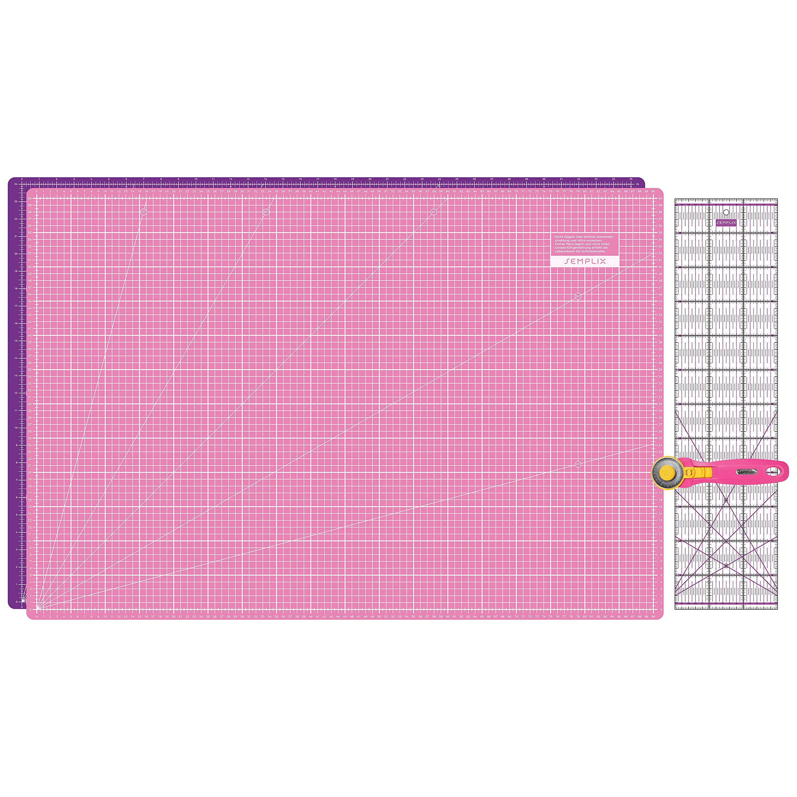 SEMPLIX Mata do cięcia A1 90 x 60 cm, zestaw z nożem rolkowym i linijką patchworkową (różowa/fioletowa)