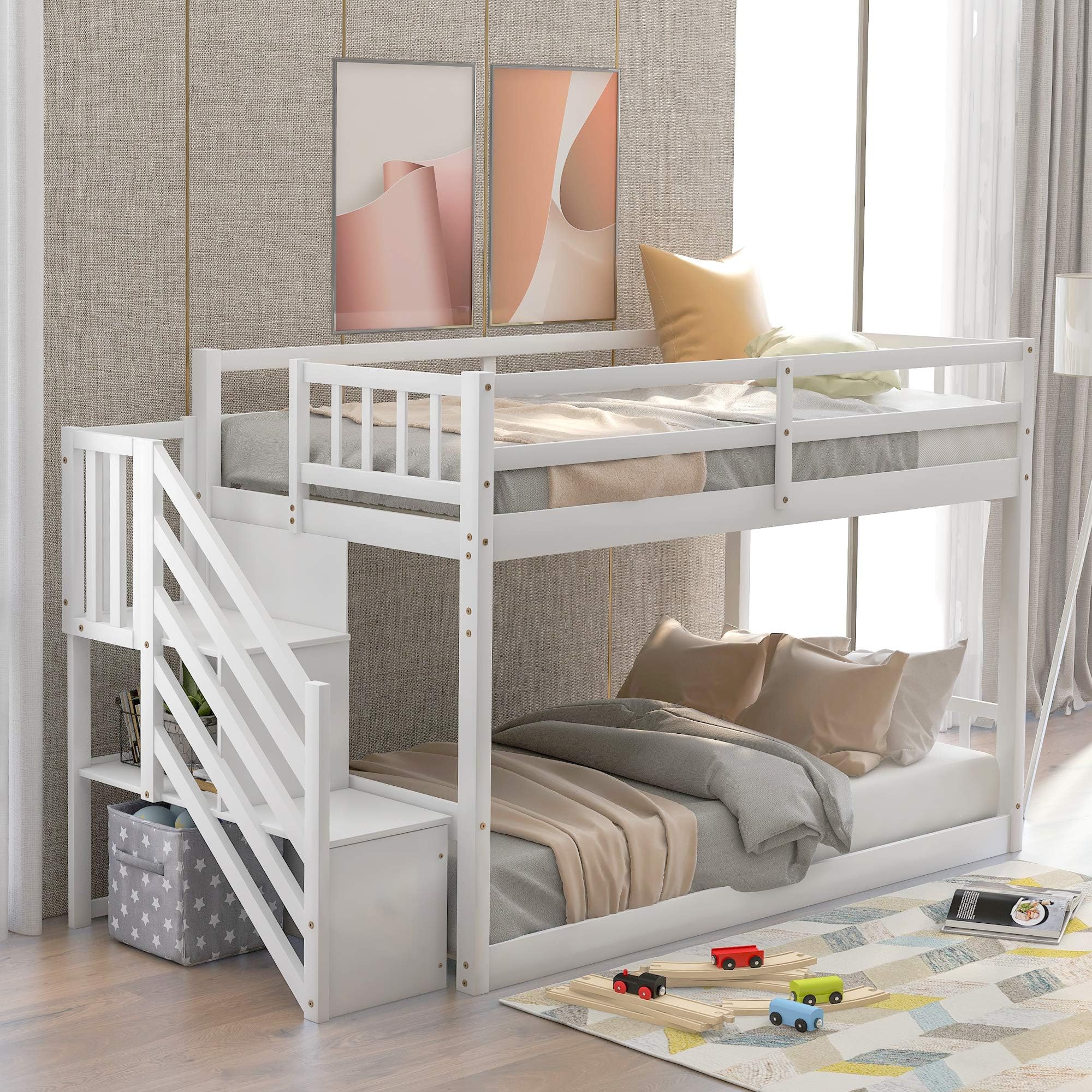 BIADNBZ Twin Over Twin Wood Bunk Bed with Storage Stairs, Floor Low Bunkbeds w/Safety Guard Rails for Kids Teens Adults, Bedroom, Dorm, Space Saving, No Box Spring Needed,White